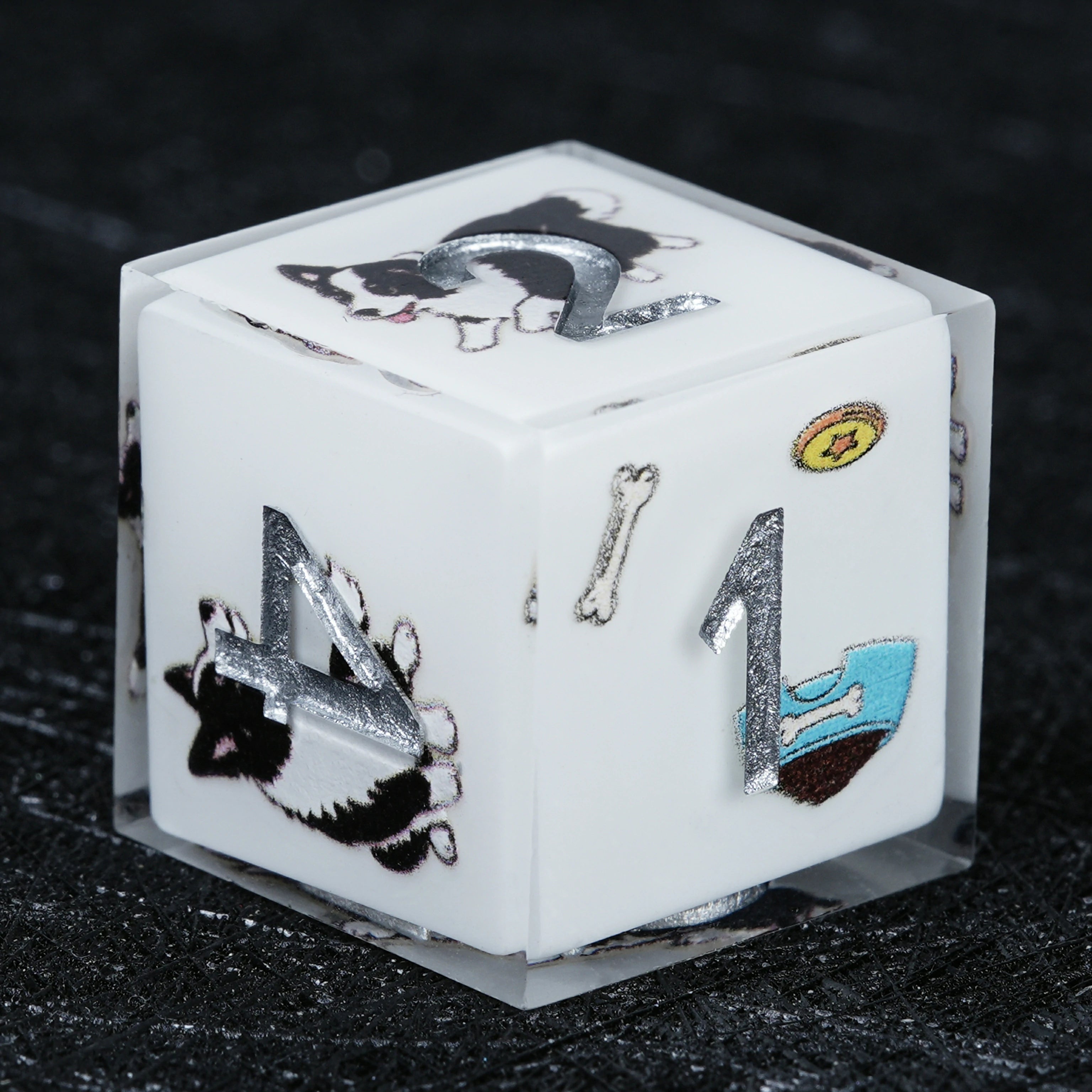 Border Collie White Resin Dice Set | Silver Numbers | D&D RPG Polyhedral Dice