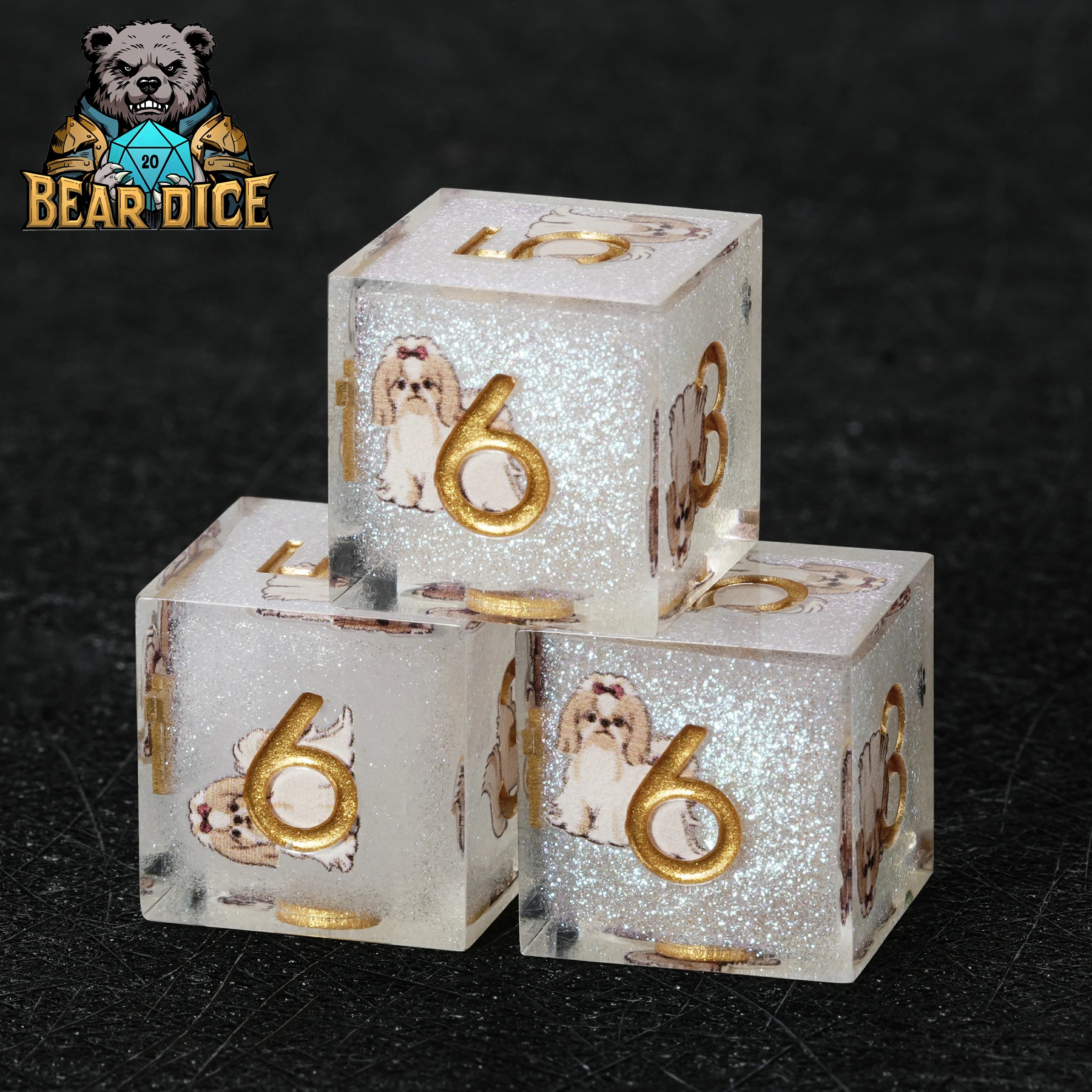 White Glitter Resin Shih Tzu DND D6 Dice Set – Cute RPG Dice for D&D & Tabletop Games