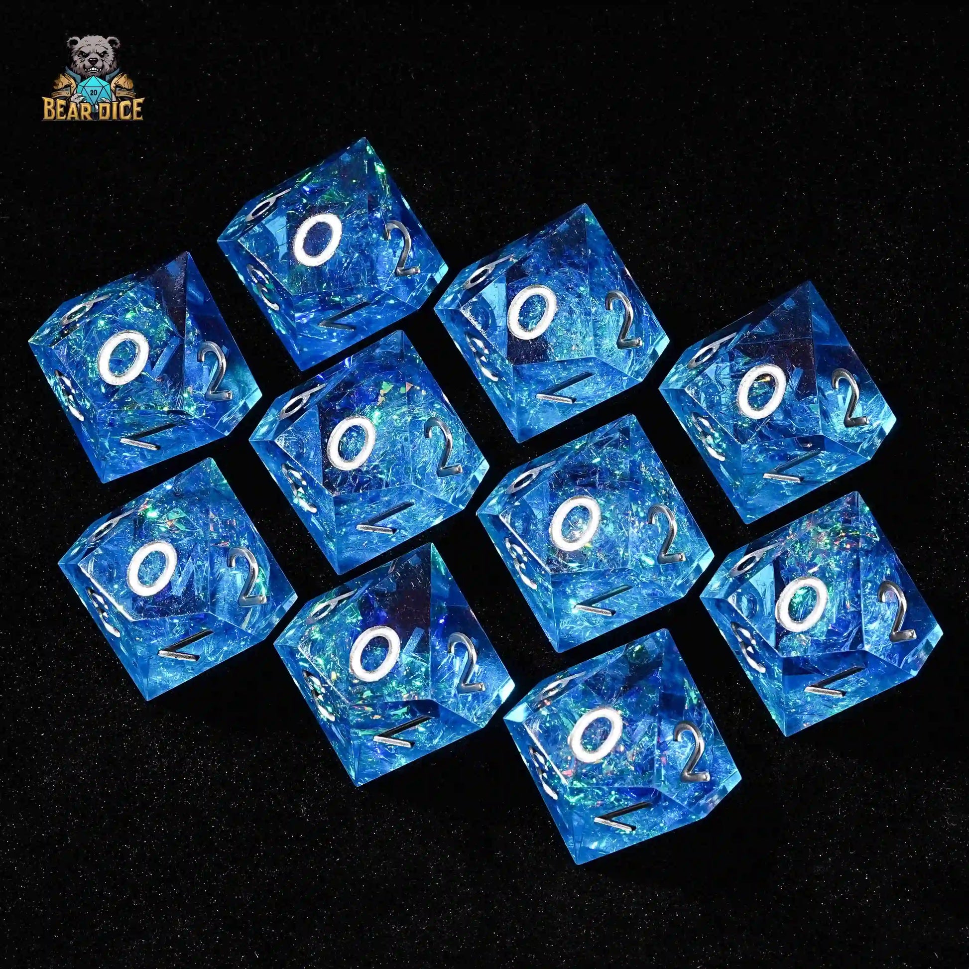 Blue Essence 10D10 Resin Solid Dice - Silver Font | Bear Dice