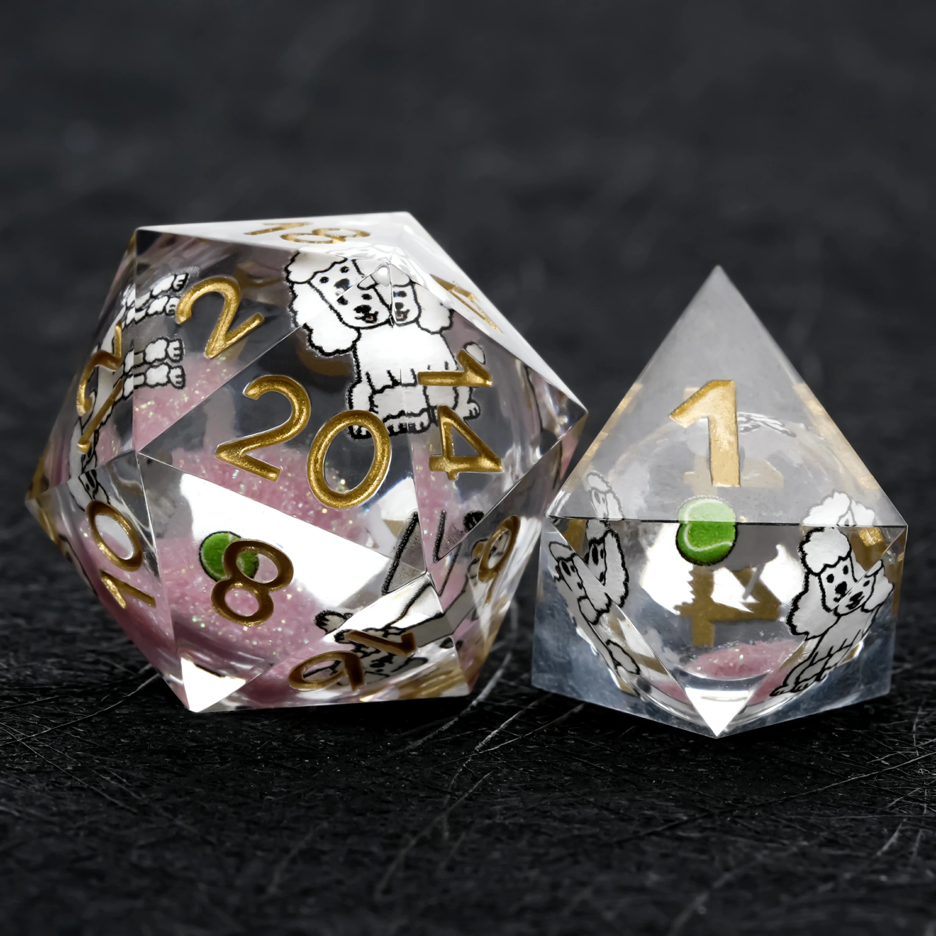 Poodle Pink Liquid-Core Dice Set + Gold Numbers