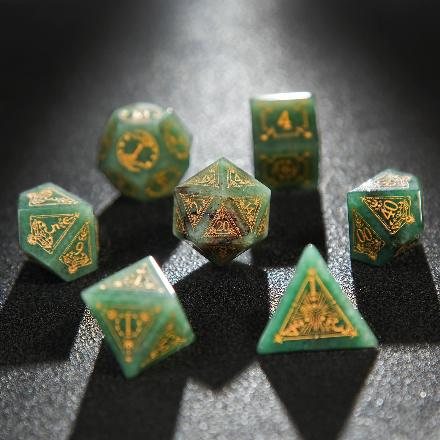 Emerald Gems D&D Dice Set + Gold Numeric Runes | Bear Dice