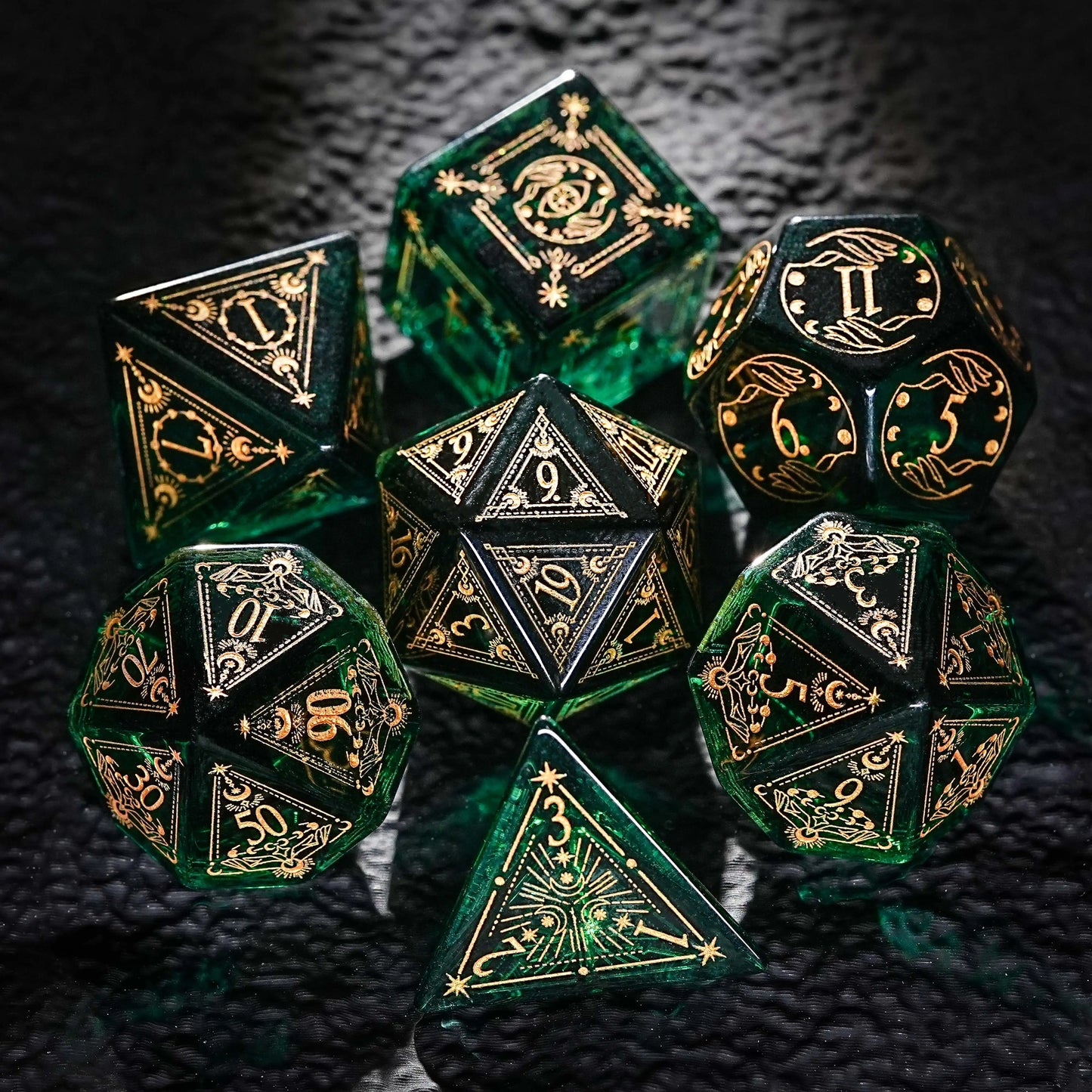 Mystic Emerald Arcane Gemstone DND Dice Set + Gold Numbers | Bear Dice