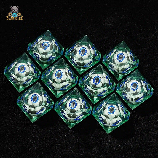 10 green transparent D10 resin dice: liquid core soccer ball design | Bear Dice