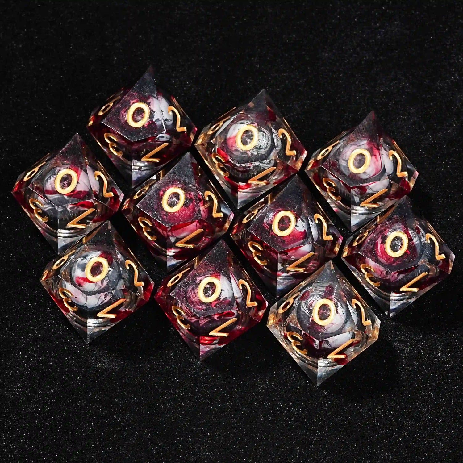 10 Liquid Core Horror Blood Red Skull D10 Resin Dice Gold Font | Bear Dice