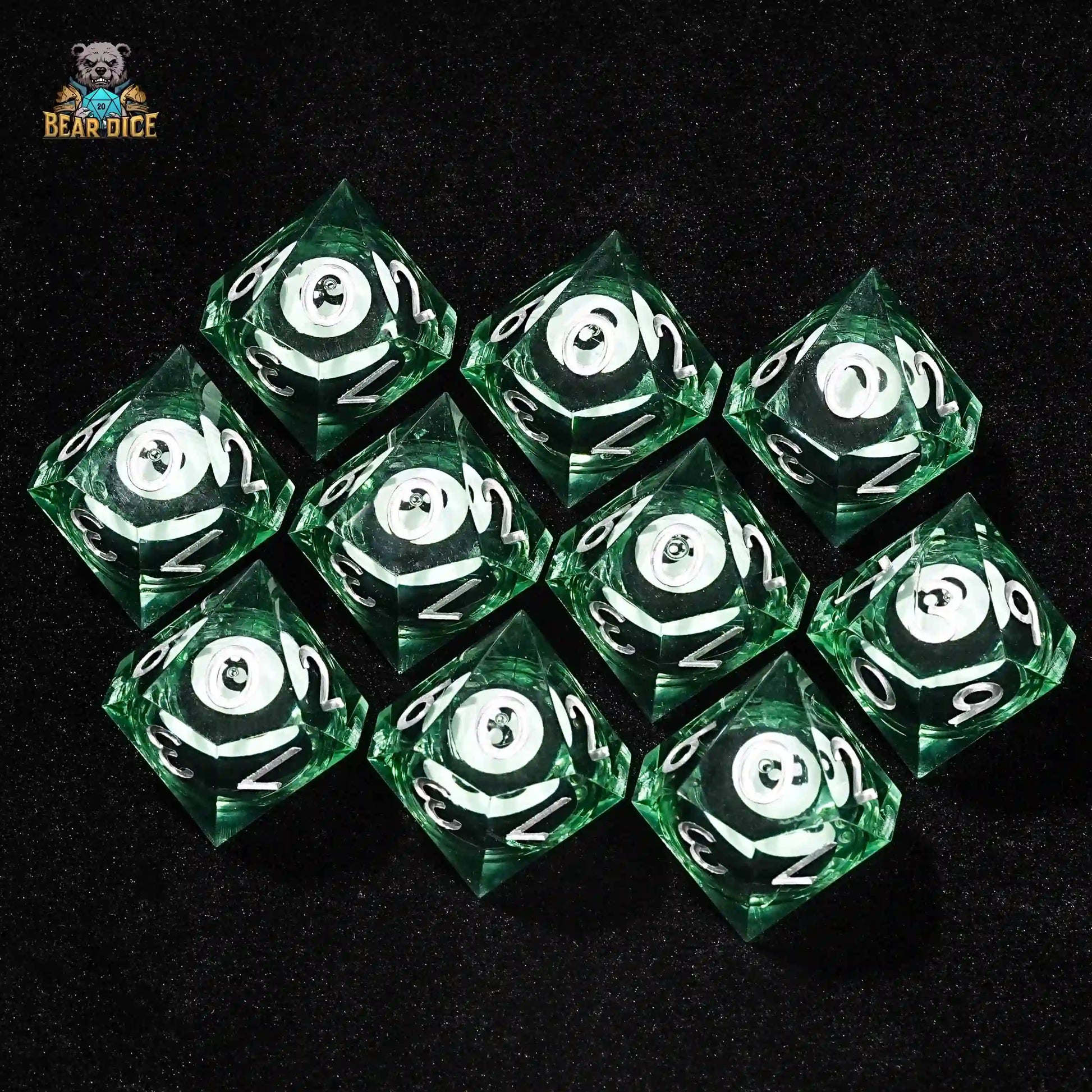 10 Green Transparent Resin D10 Dice - Delicate Billiards Liquid Core | Bear Dice