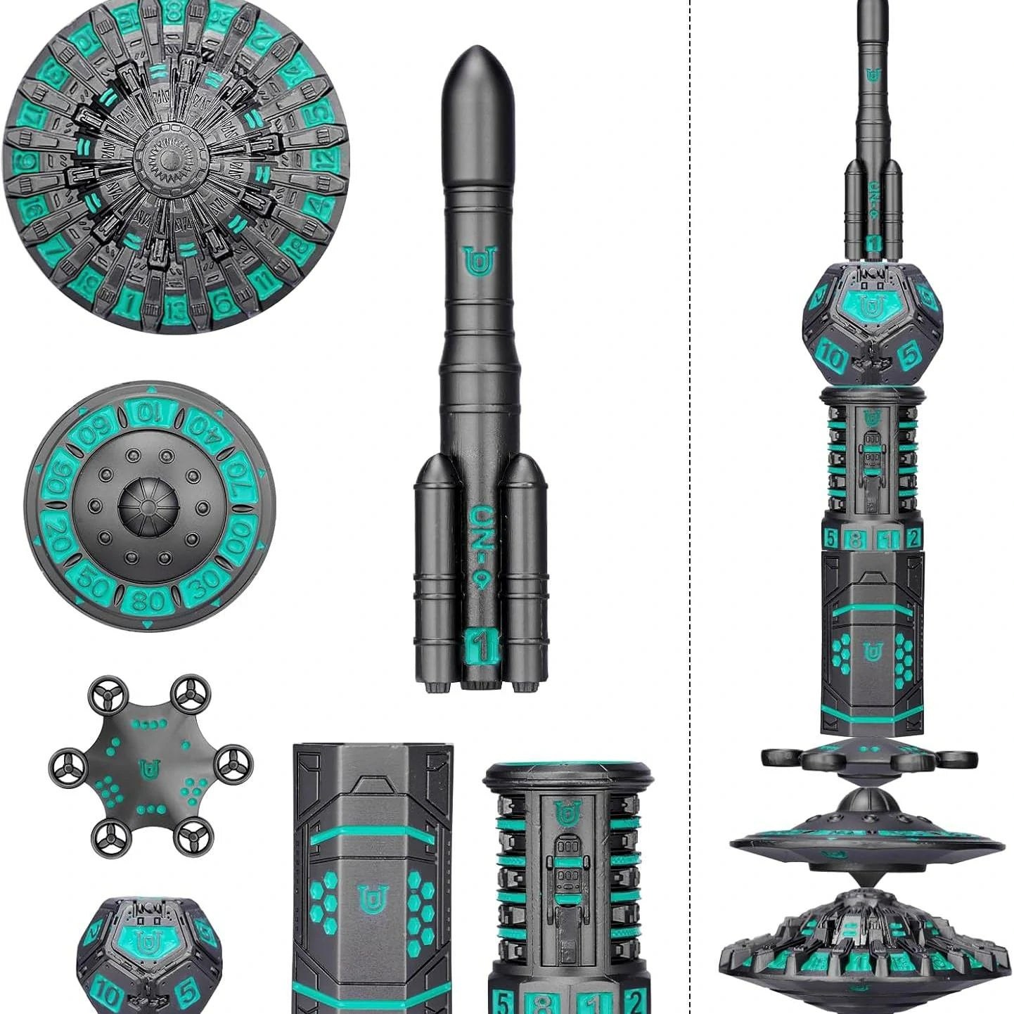 Space Rocket & Station Metal Dice Set | Sci-Fi Metal Dice for RPG