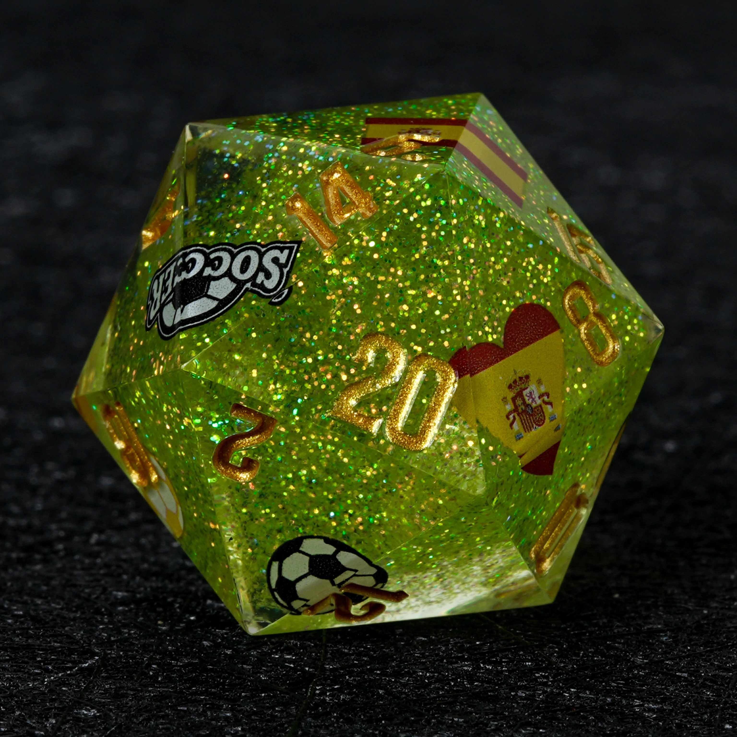 Spain Soccer Resin DND Dice Set – World Cup Green Glitter D&D Dice