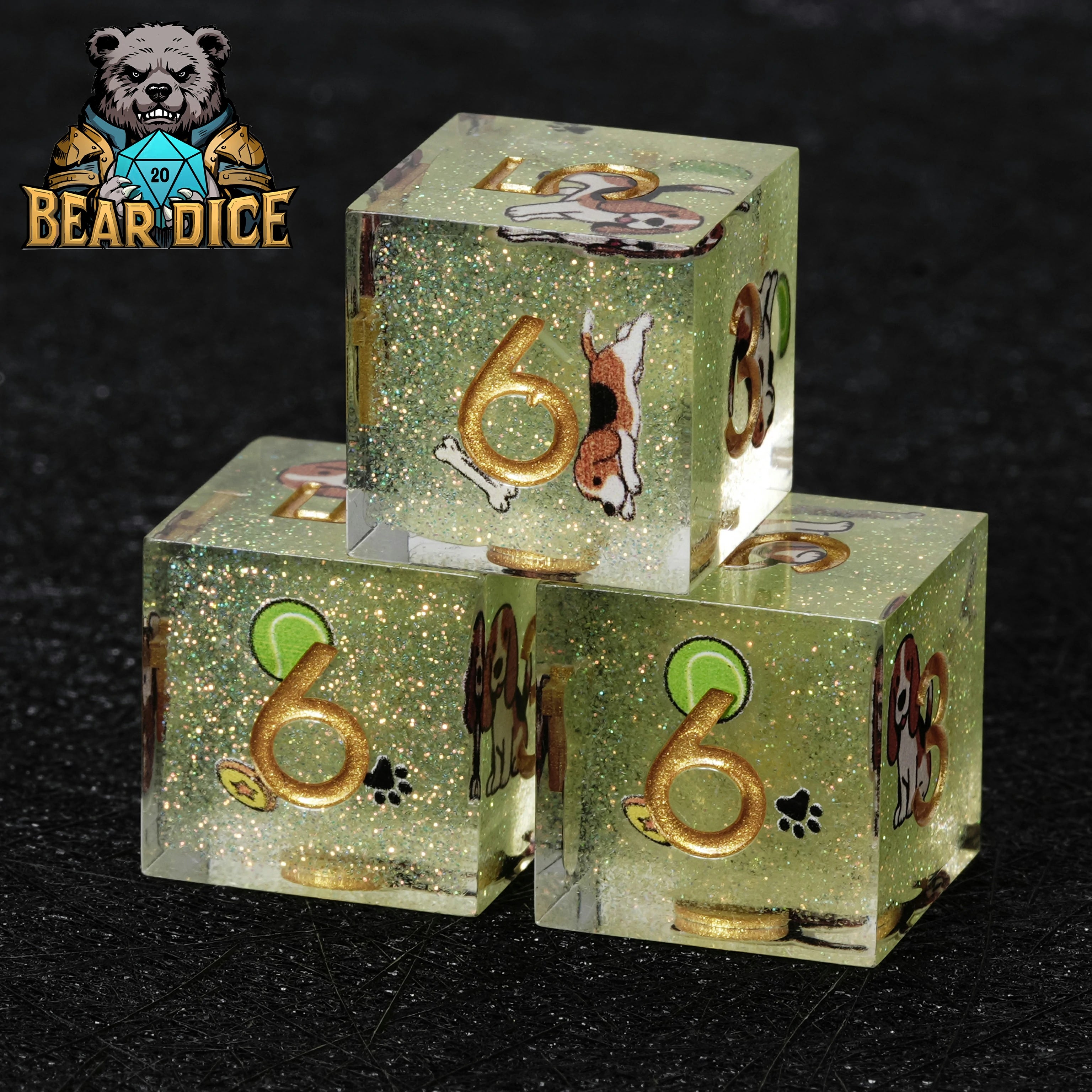 Beagle Green Glitter Resin DND D6 Dice | Single Six-Sided RPG Die