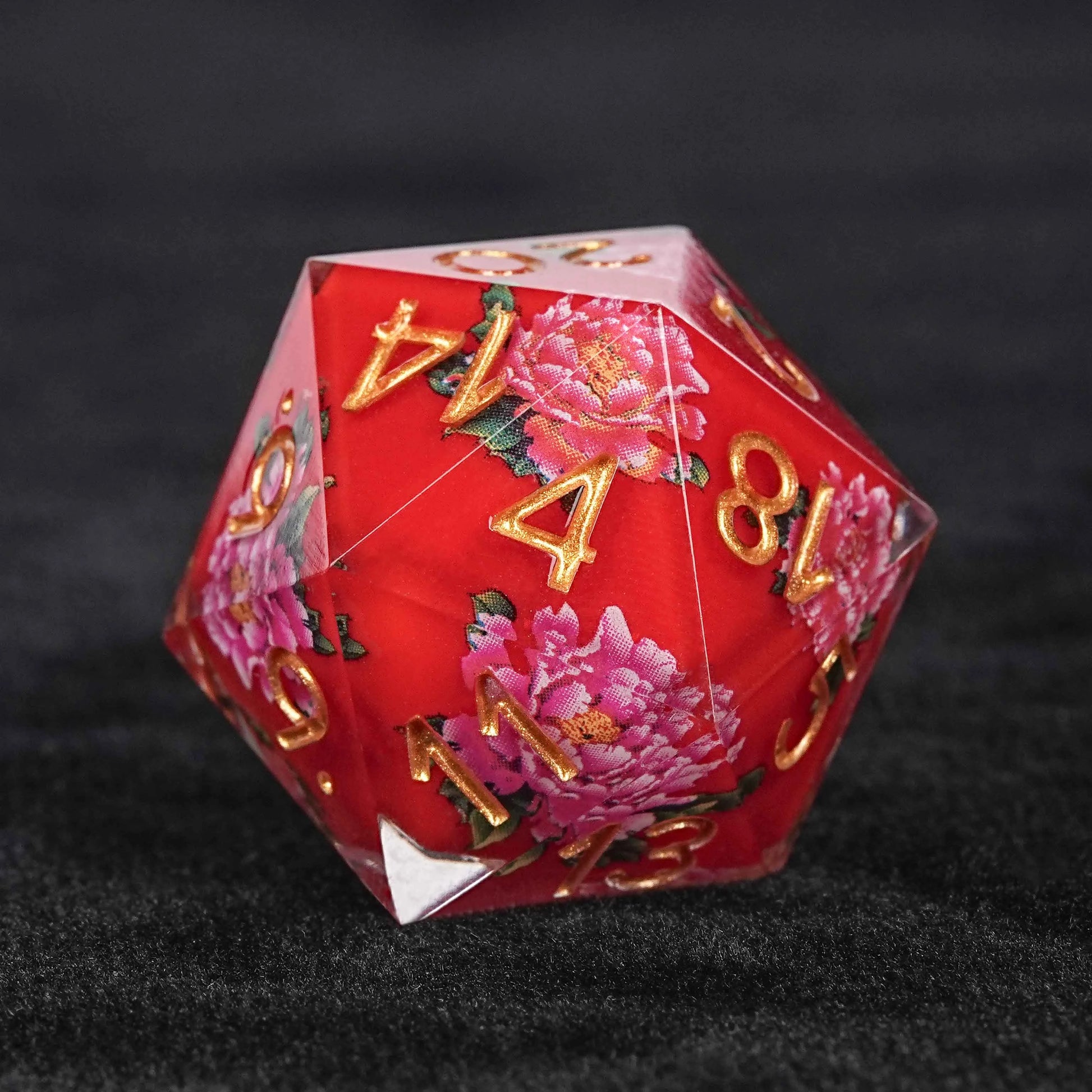 Red Peony Flower Resin DND D20 Dice + Gold Number | Bear Dice