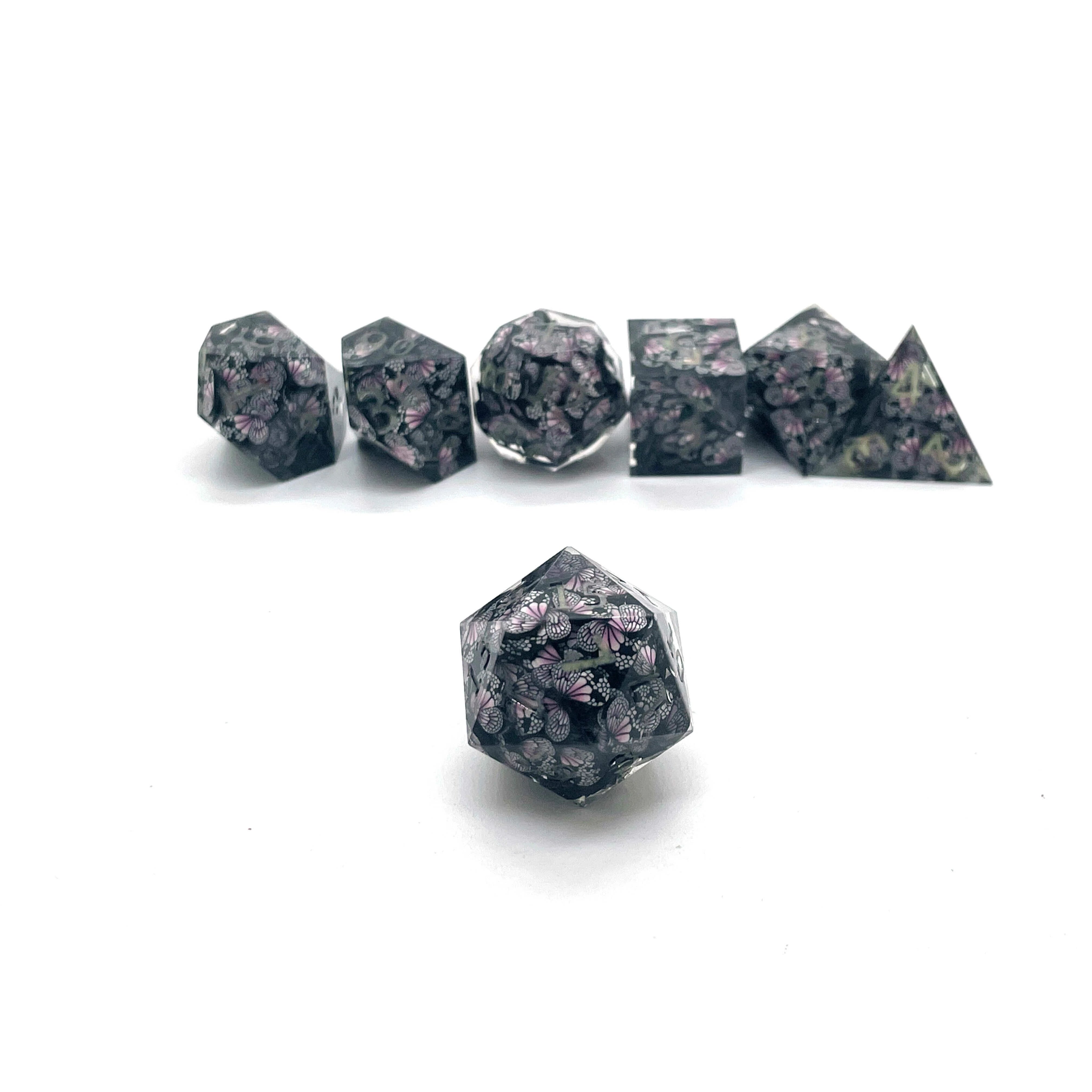 Glow-in-the-Dark Butterfly Transparent Resin DND Dice Set | 7-Piece RPG Dice