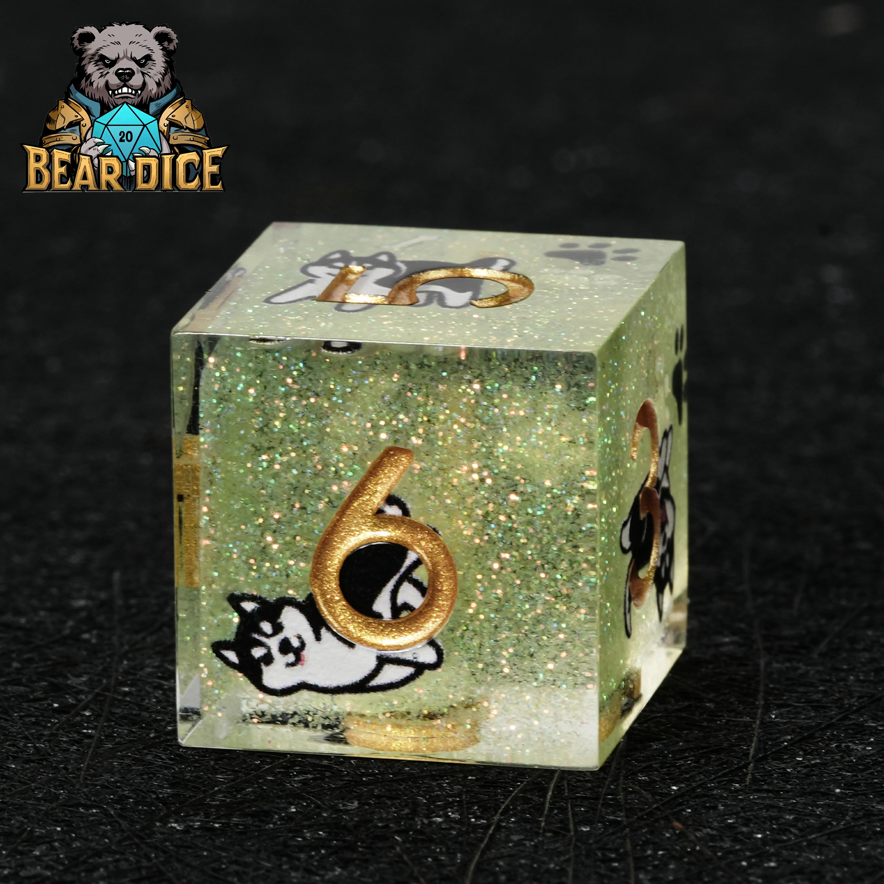 Husky Green Glitter Resin DND D6 Dice Set for D&D RPG Tabletop Games