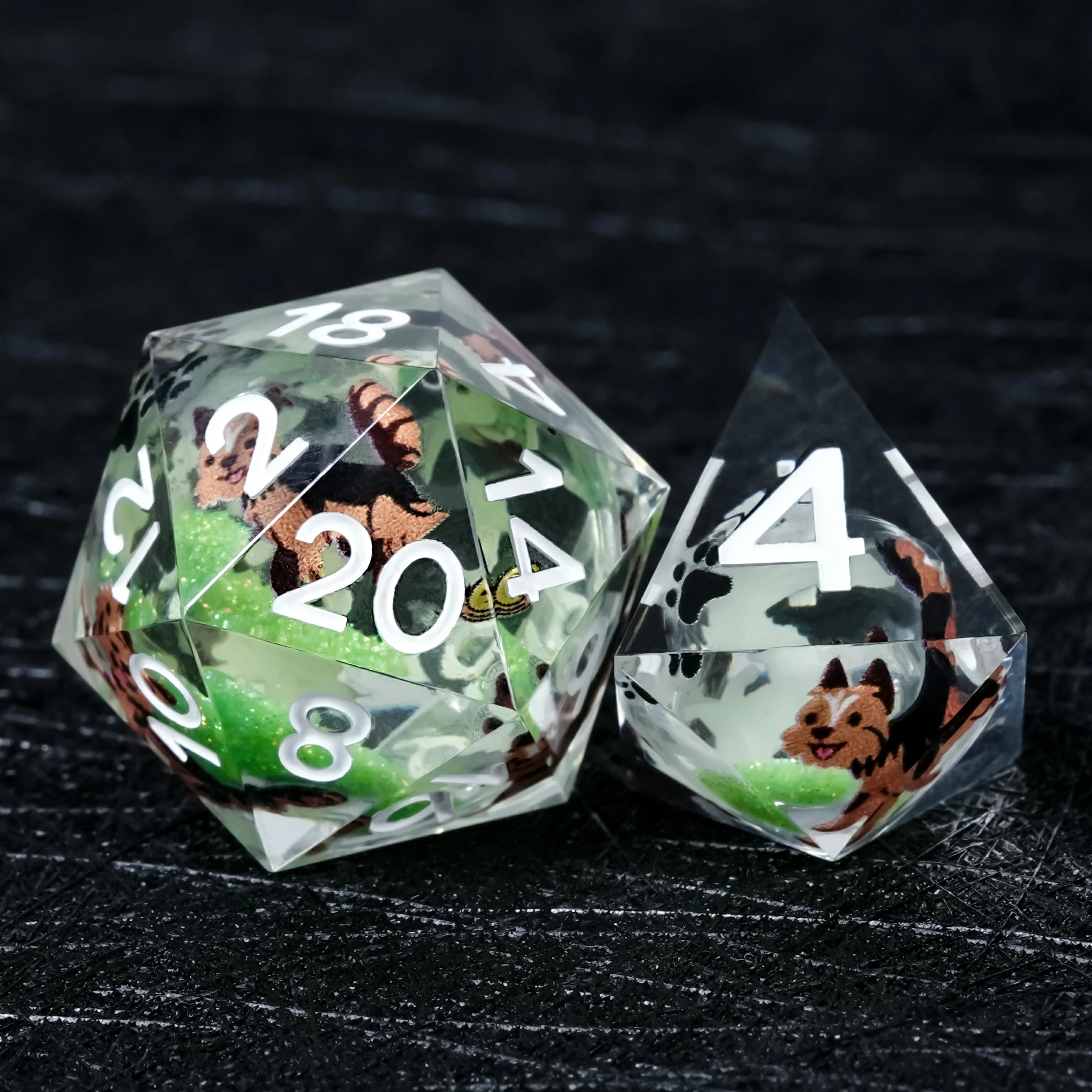 Yorkshire Terrier Green Liquid-Core Resin Dice Set | Yorkie DND Dice – White Numbers