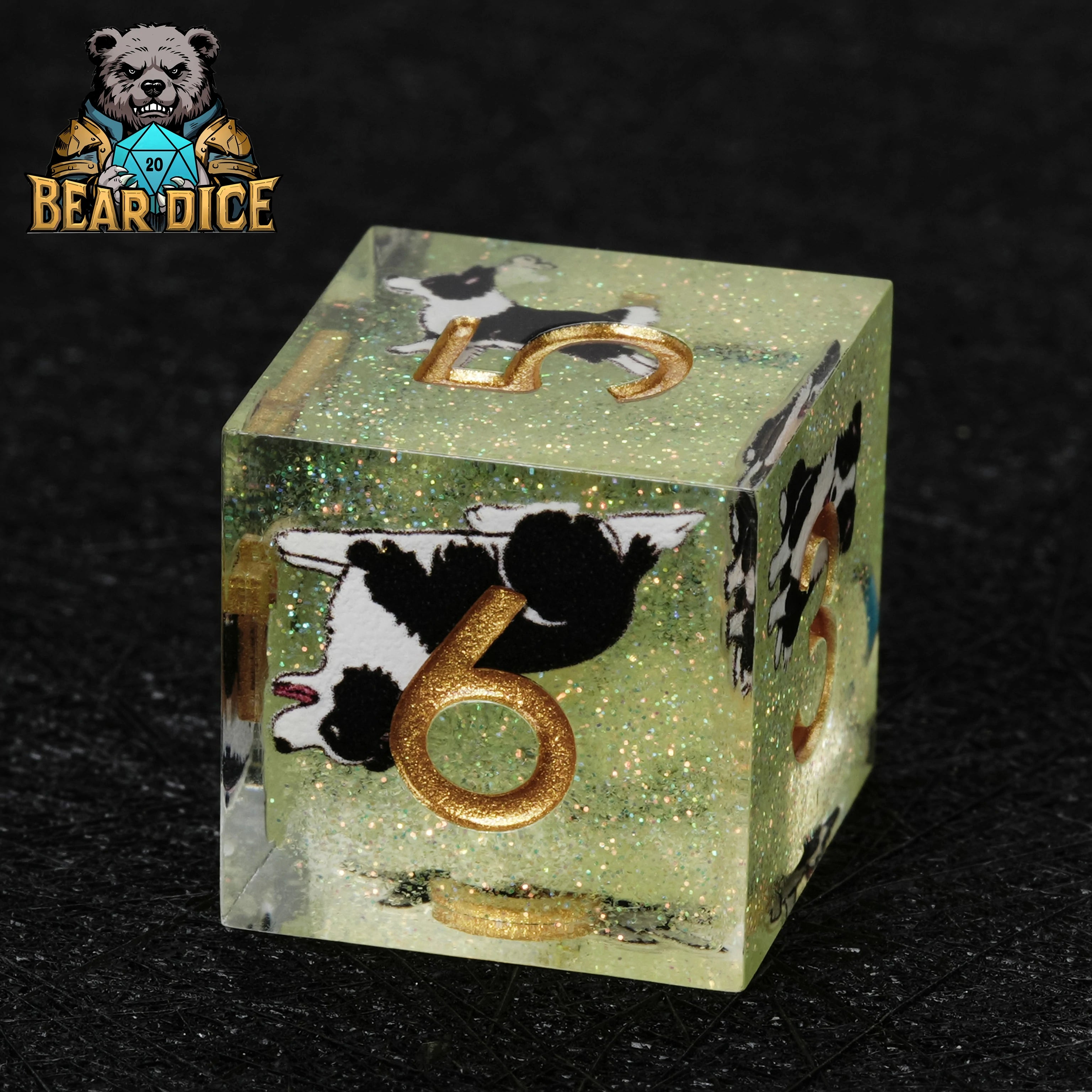 Border Collie Green Glitter Resin DND D6 Dice | RPG Dice Set