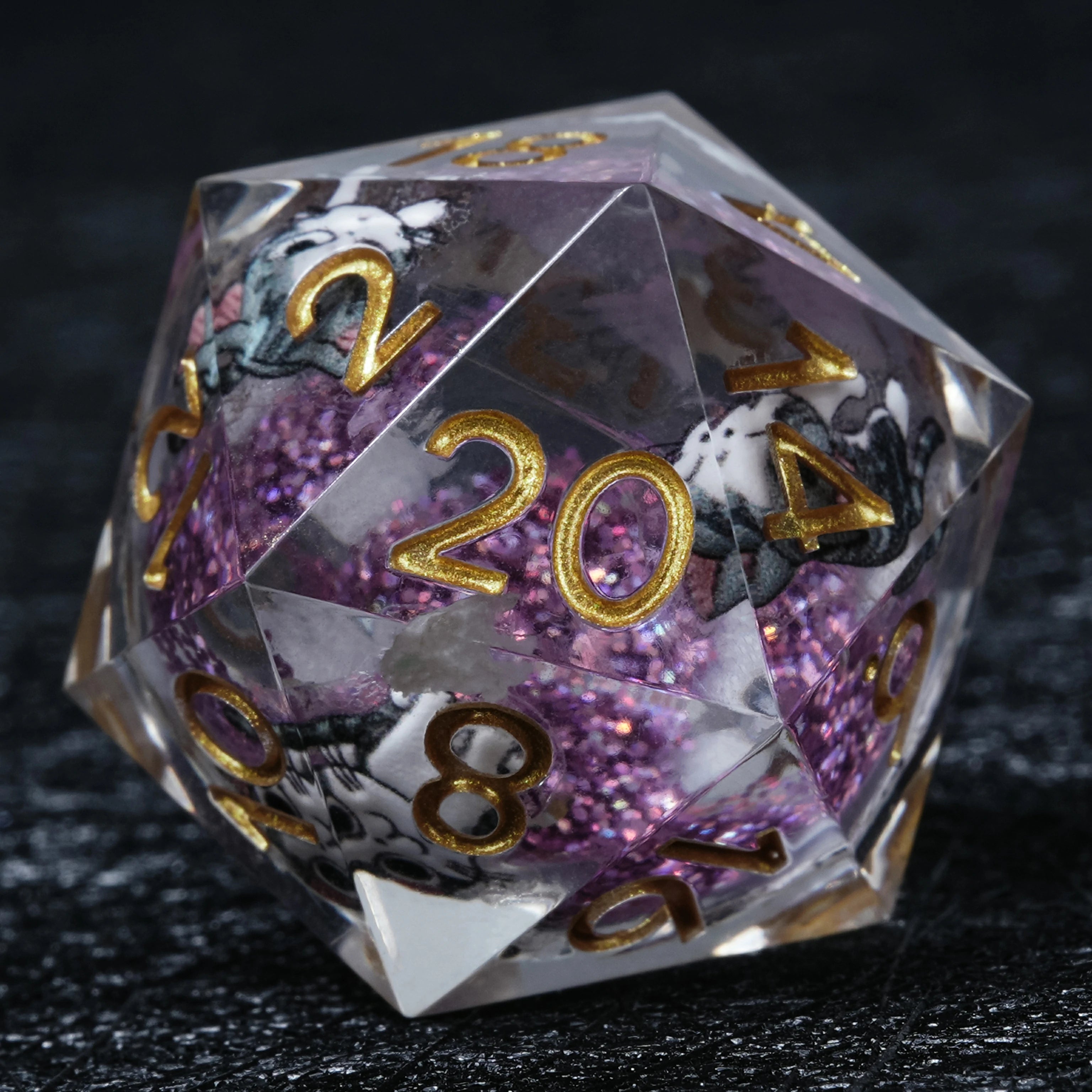 Big-Eyed Cartoon Cat Purple Liquid-Core Resin Dice Set | 7-Piece Polyhedral RPG Dice