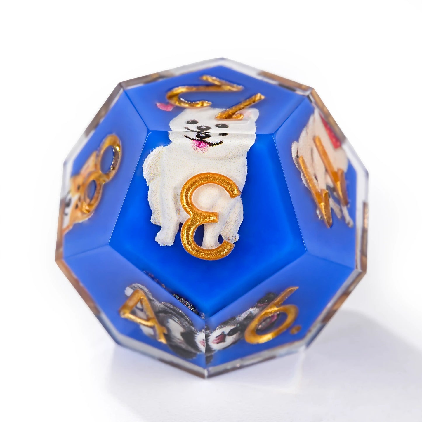 Colorful blue transparent resin cute dog pattern dice set + gold font
