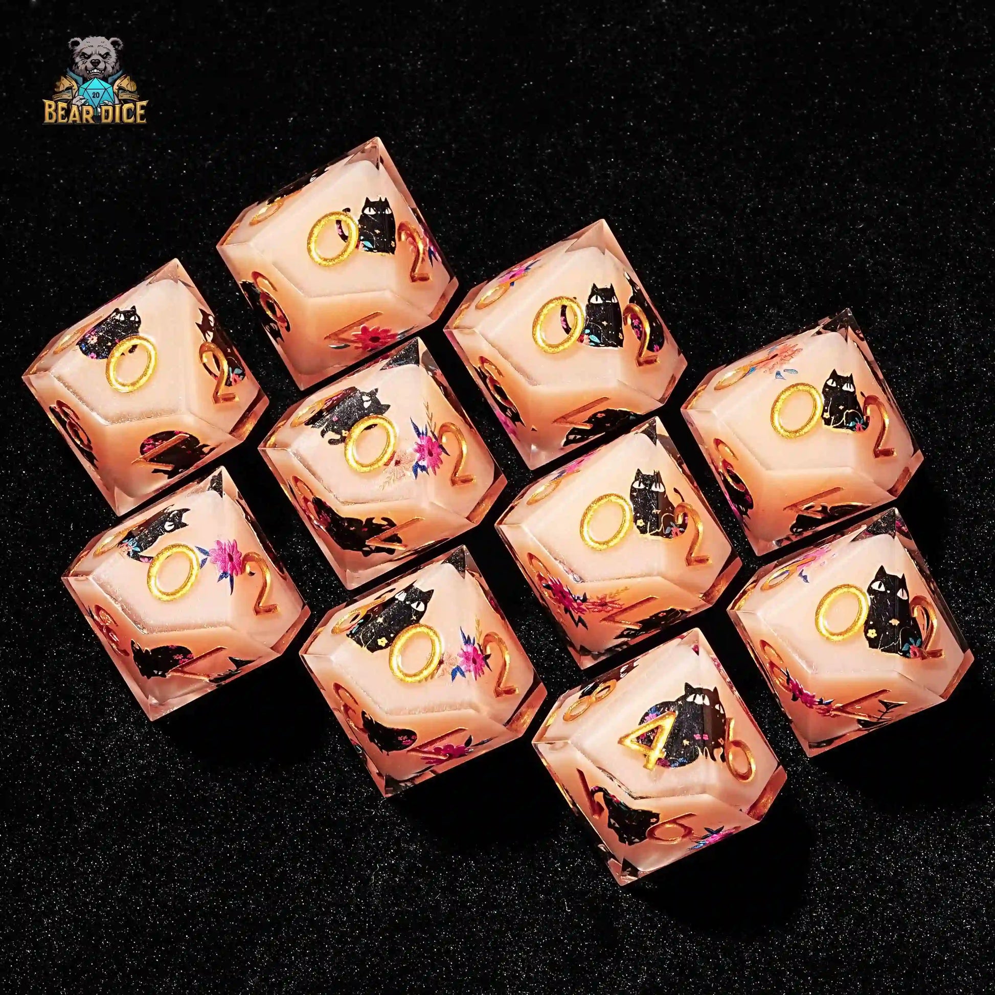 10 Flower Black Cat D10 Flesh Pink Resin D&D Dice | Bear Dice