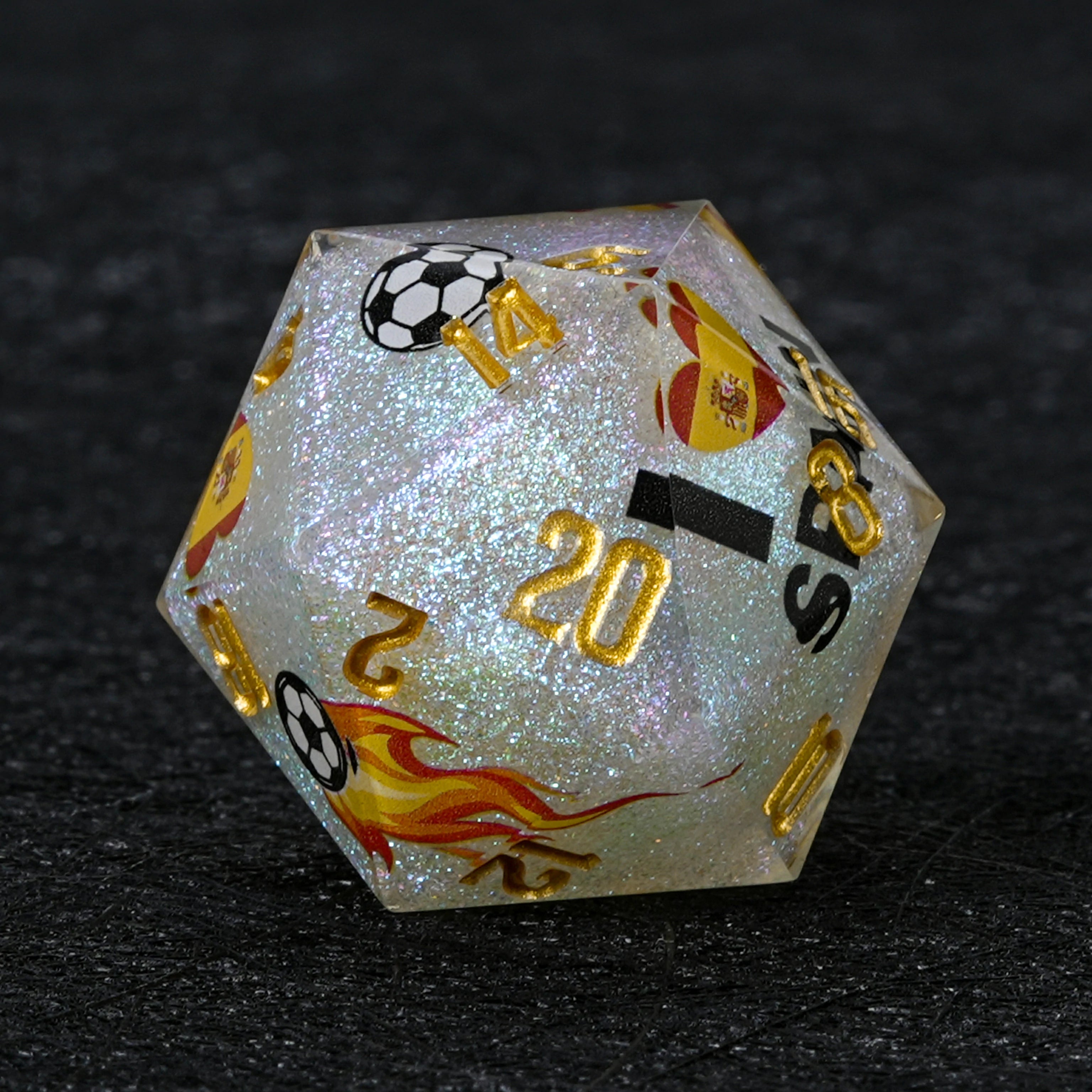 Spain Soccer Resin DND Dice Set – White Glitter World Cup D&D Dice