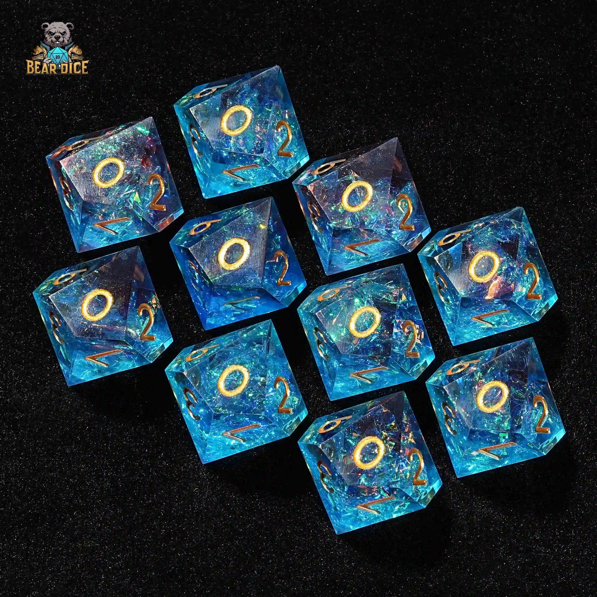 10D10 Fantasy Translucent Red Blue Resin D&D Dice - Gold Numbers | Bear Dice