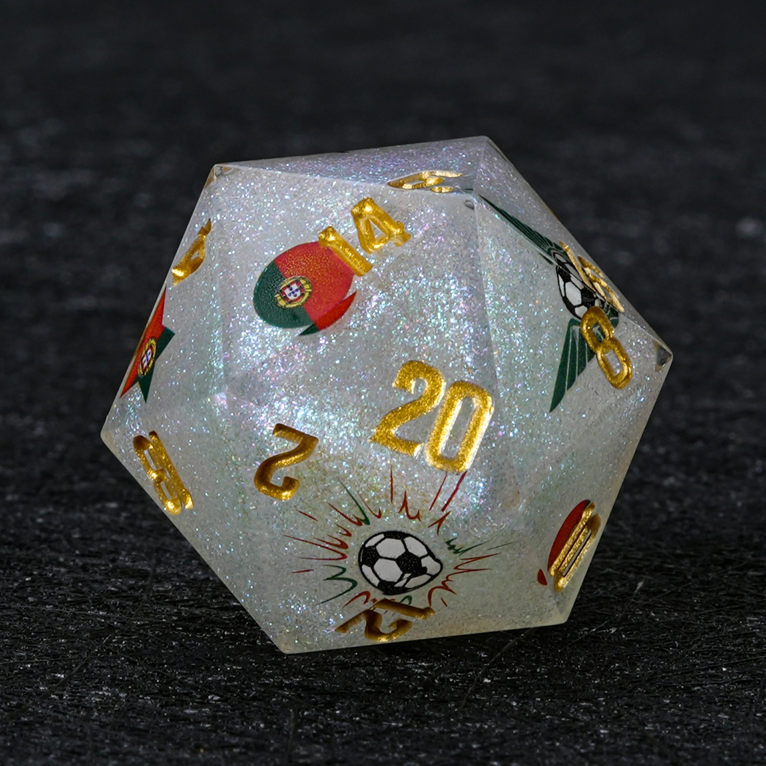 Portugal Soccer Resin DND Dice Set | White Glitter World Cup Kickstarter Dice