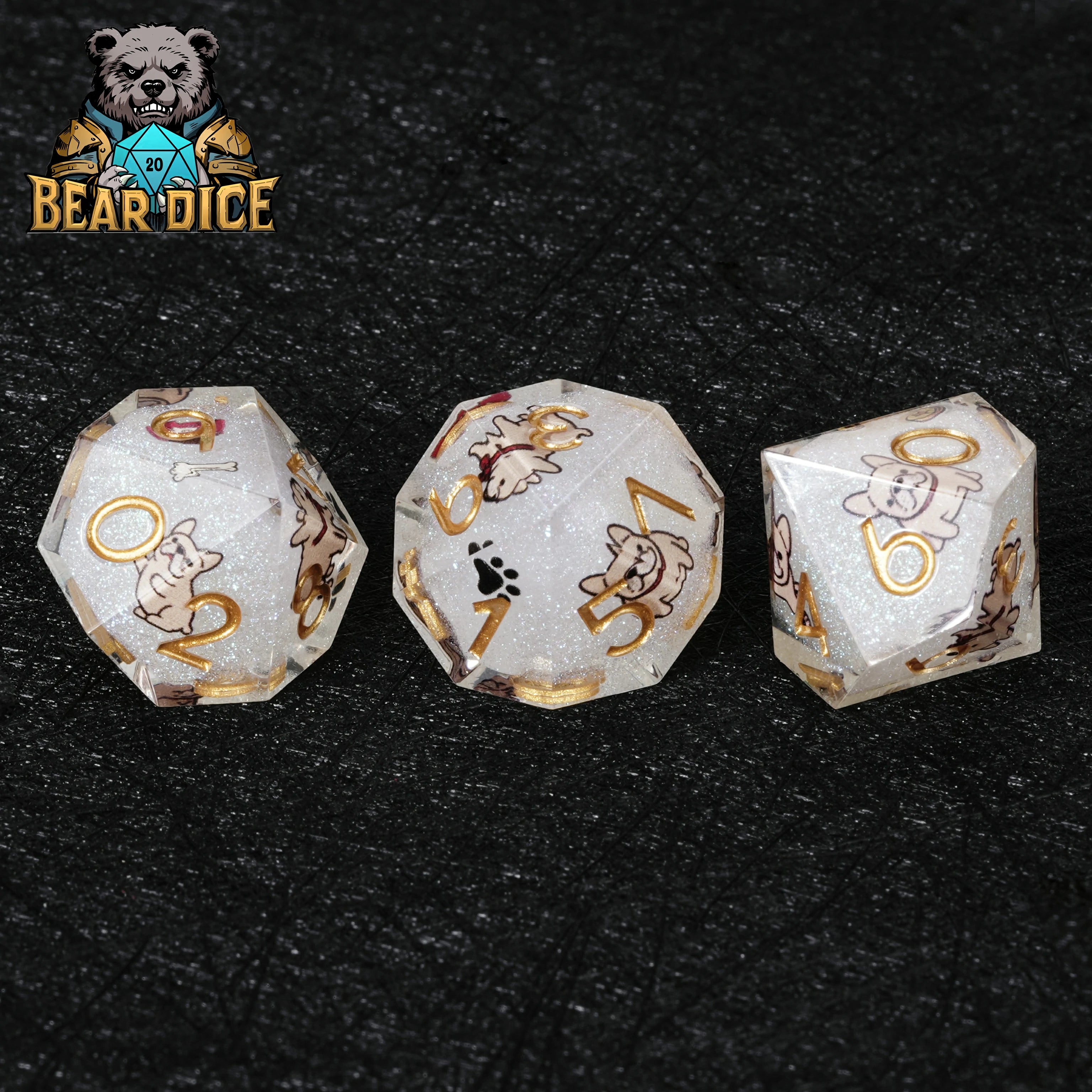 Bulldog White Glitter Resin D10 Dice – D&D RPG Polyhedral Dice