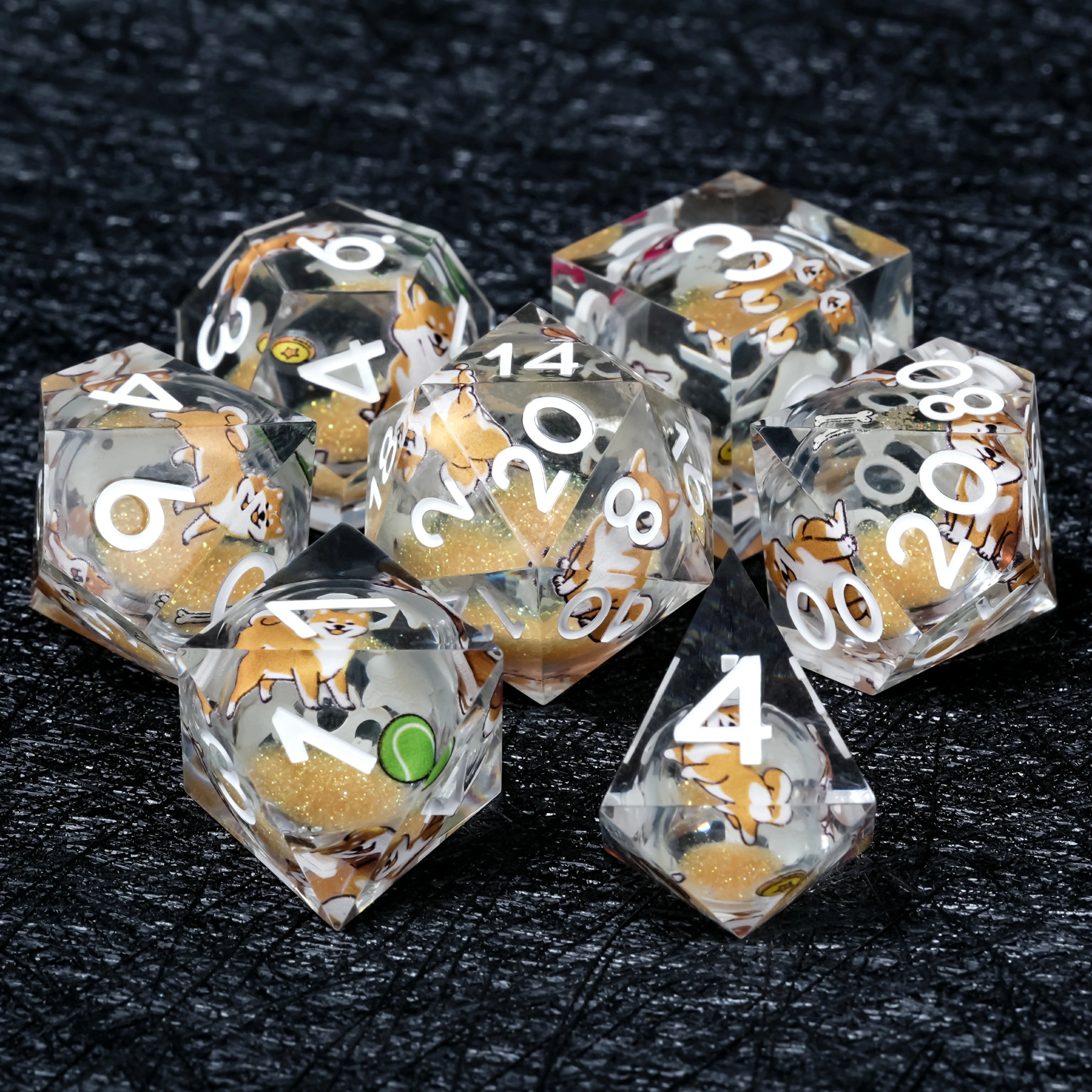 Shiba Inu Orange Liquid Core Resin Dice Set – 7-Piece DnD Polyhedral Dice with White Numbers