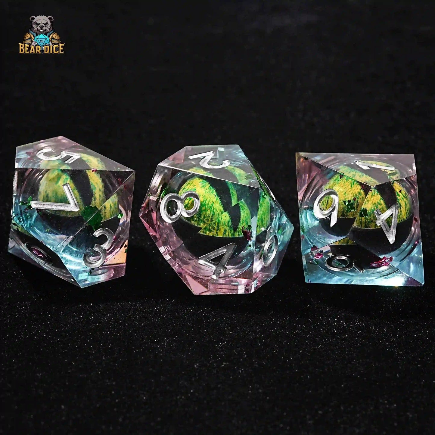 Green Dragon's Eye Kernel - Silver Font Resin Theme 3D10 Dice | Bear Dice