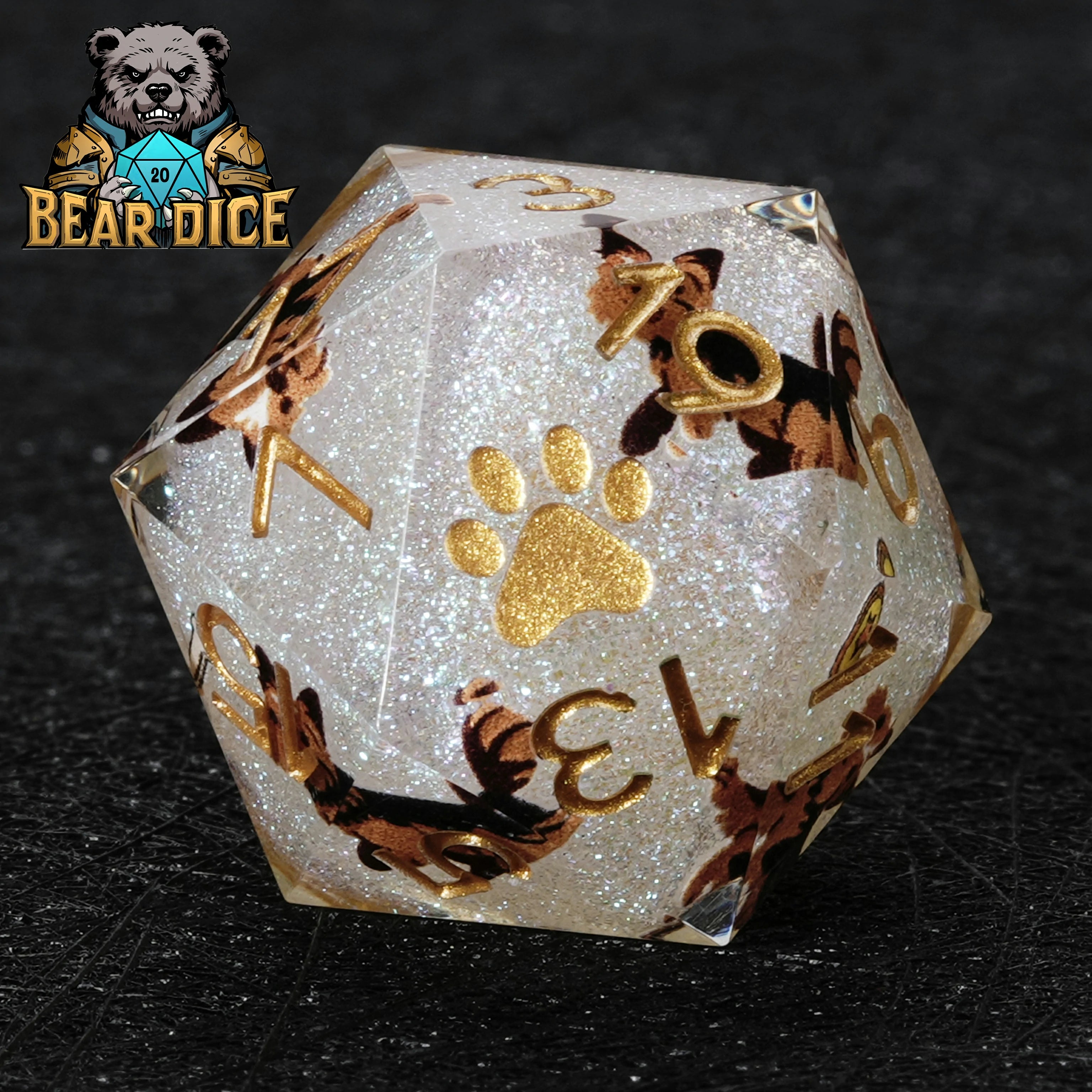 Yorkshire Terrier White Glitter Resin DND D20 Dice | Bear Dice