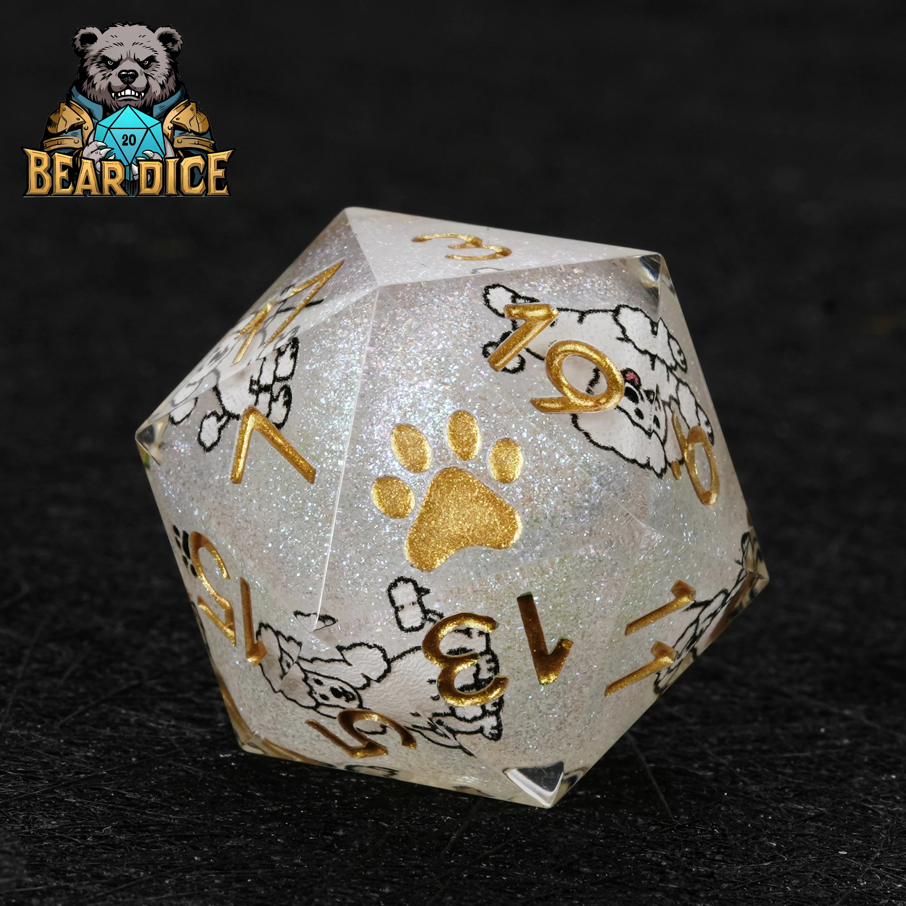 White Glitter Resin Poodle DND Dice Set | Sharp-Edged RPG Dice for D&D & Tabletop Games