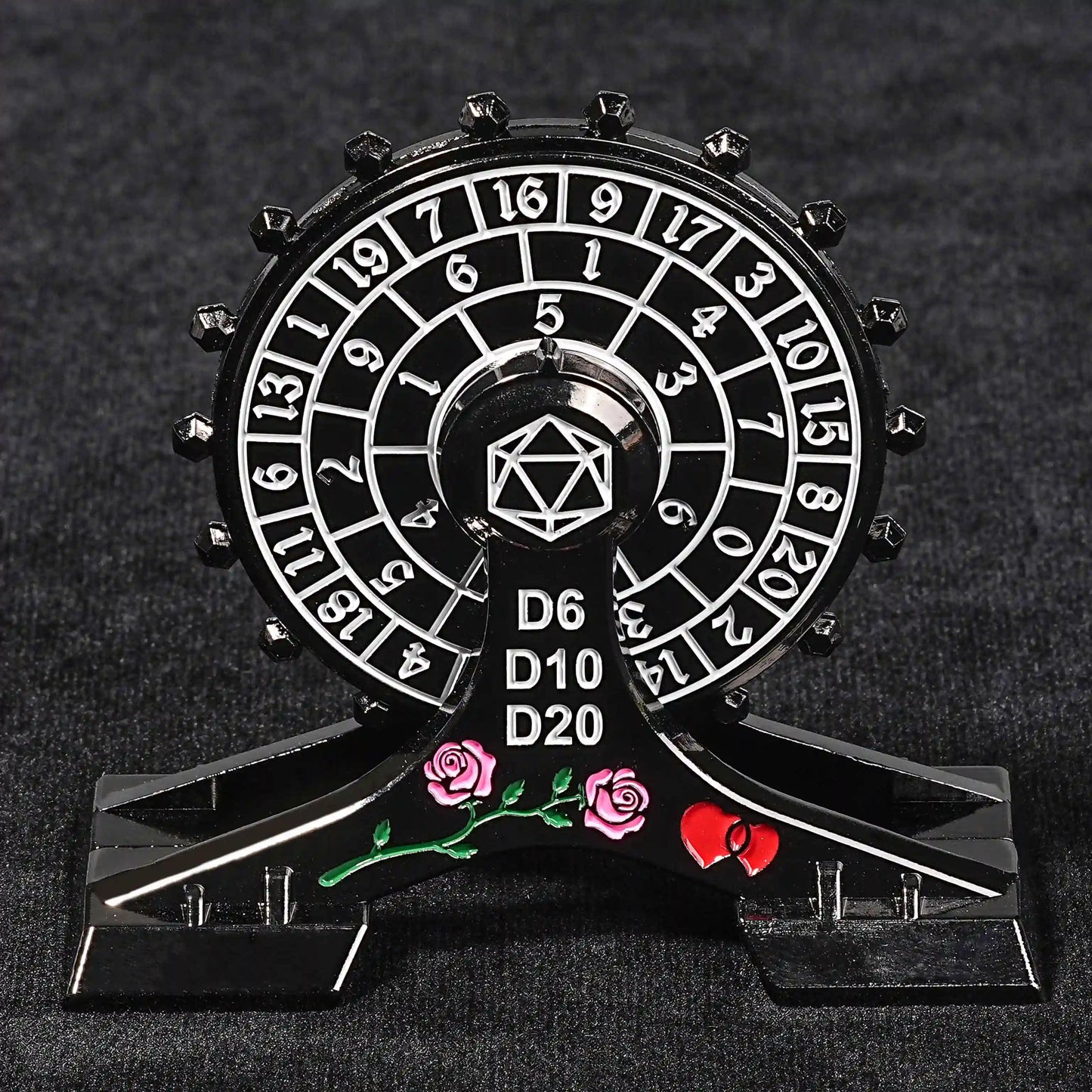 Metal DND Unique Dice: Black Nickel White Rose Ferris Wheel Spin Dice - D6, D10, D20 | Bear Dice