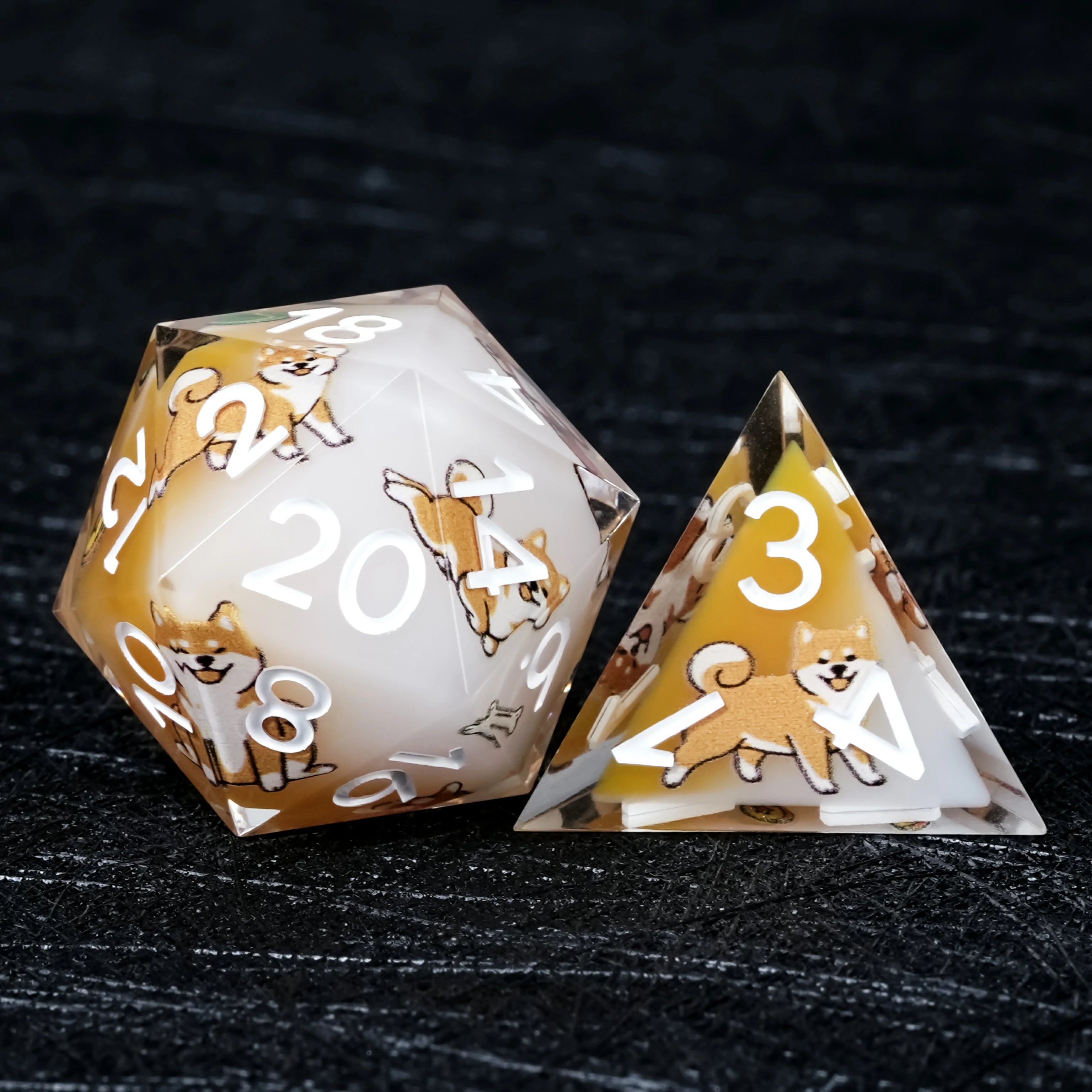 Shiba Inu Yellow & White Resin Dice Set | Gold Numbers DND RPG Polyhedral Dice