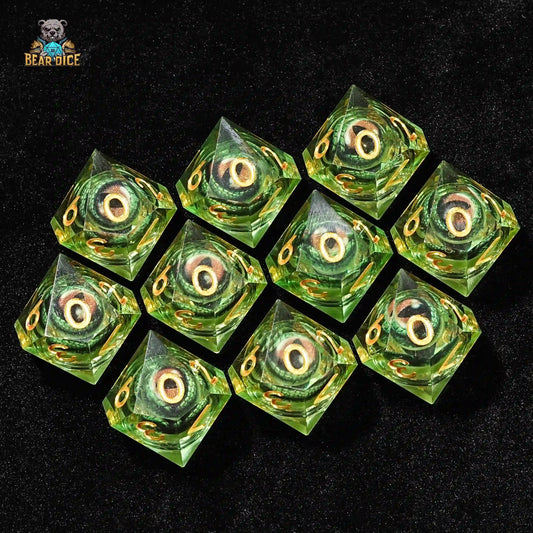 Green Transparent 10D10 Resin Dice - Unravel the Mystery of Crocodile Eyes | Bear Dice