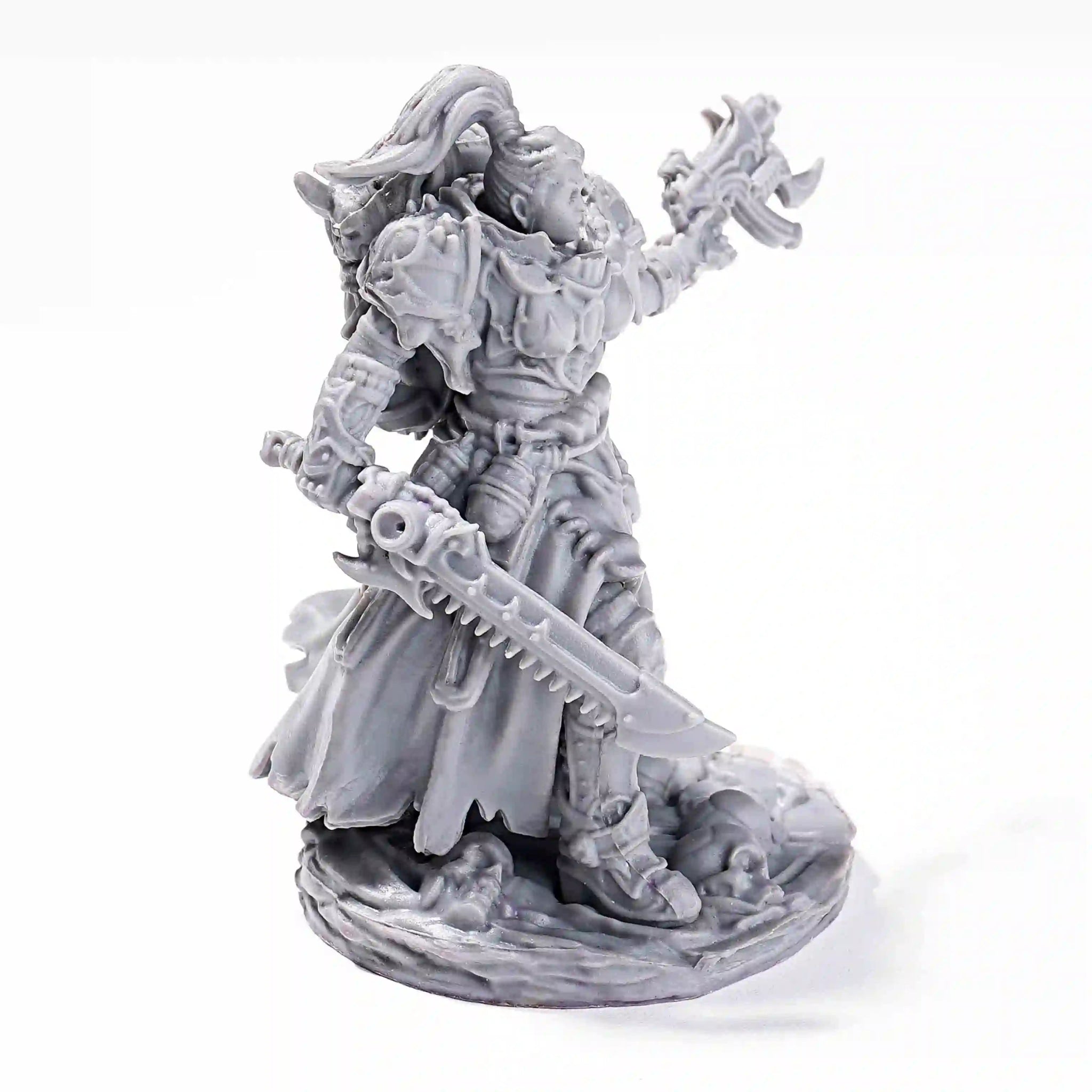3D printed Valkyrie RPG miniature model holding a gun and stepping on a skull base - Bear Dice