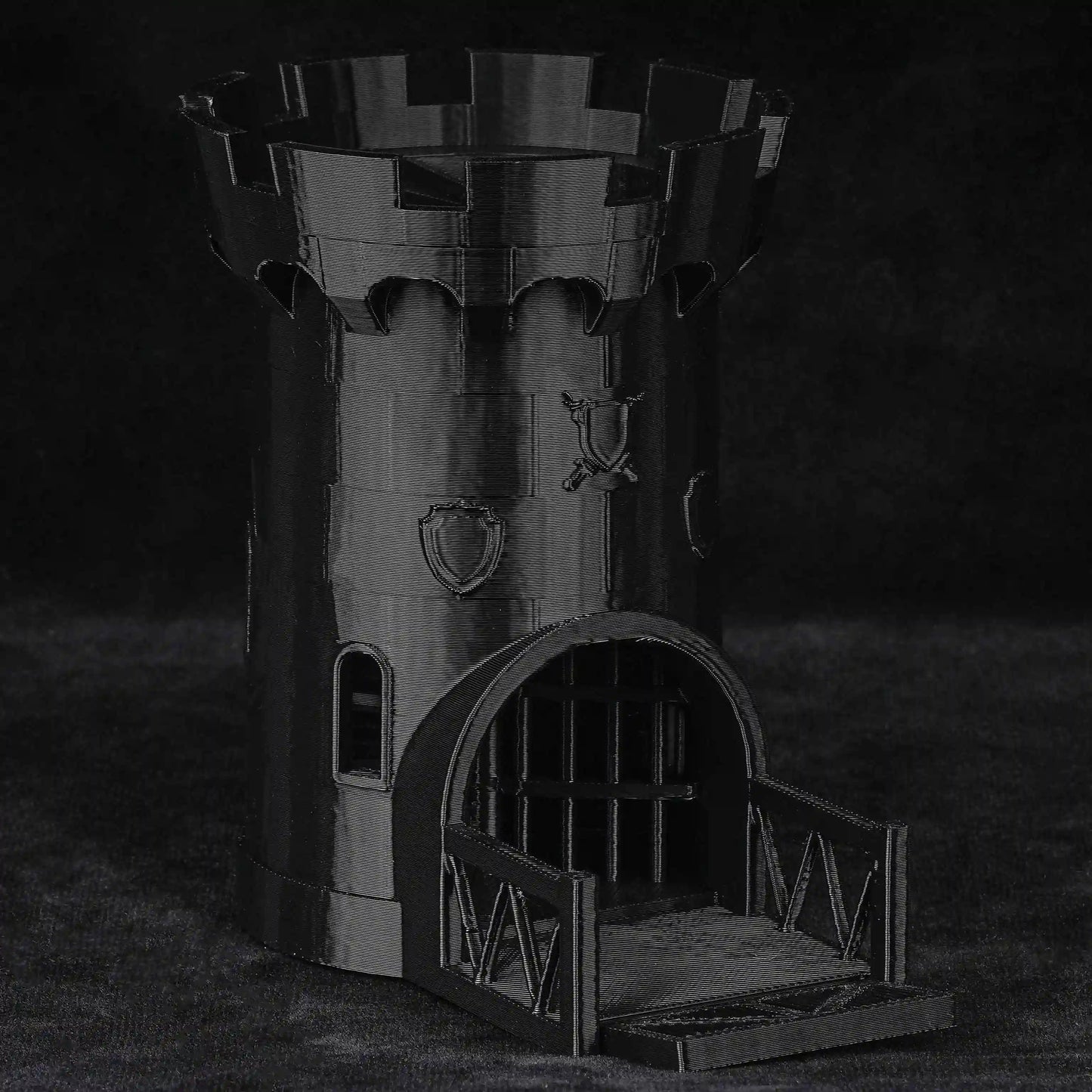 3D printed black medieval castle model ideal for DND dice tower