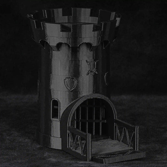 3D printed black medieval castle model ideal for DND dice tower