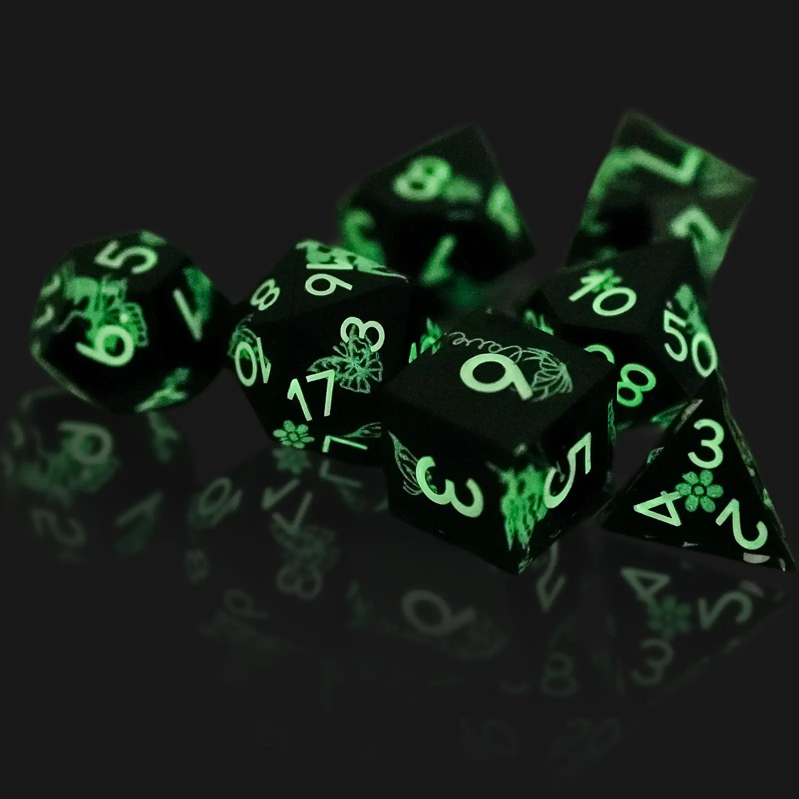 Unique cool luminous dnd dice: black resin butterfly flower fluorescent green dice set | Bear Dice