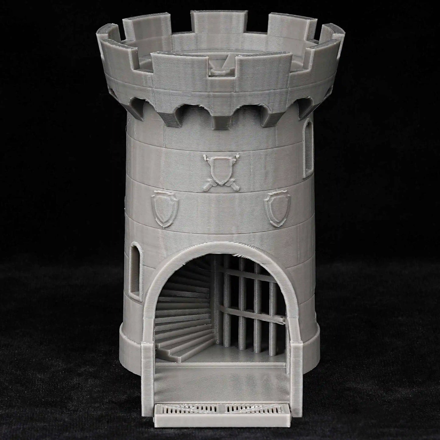 Torre de dados DND impresa en 3D de estilo gótico, modelo de castillo gris