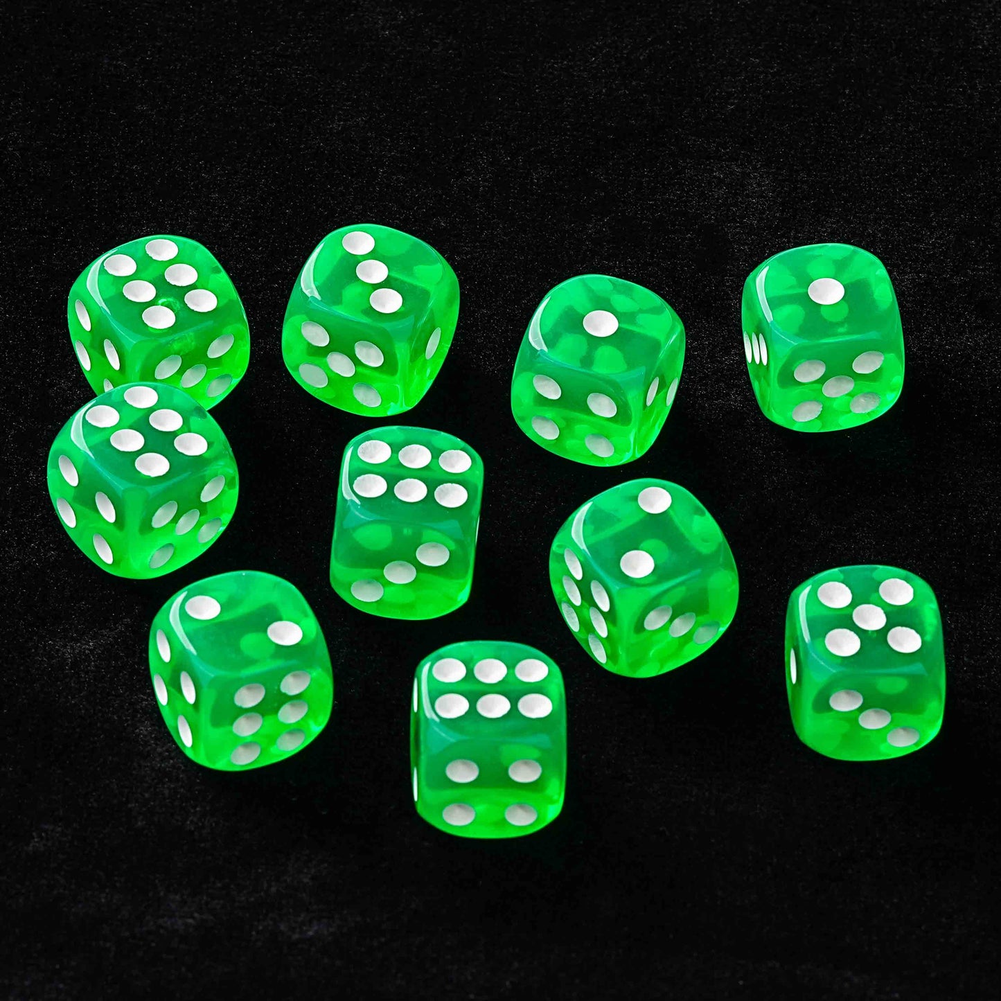 10 translucent green 6-sided dice with white dots | Bear Dice