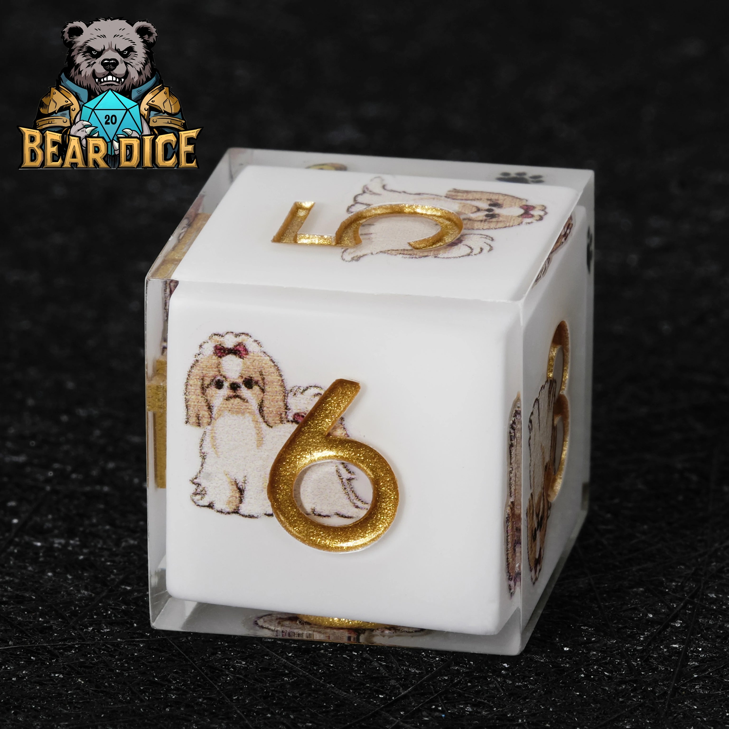 Shih Tzu White Resin D&D D6 Dice Set — Cute Dog Dice for RPG Games