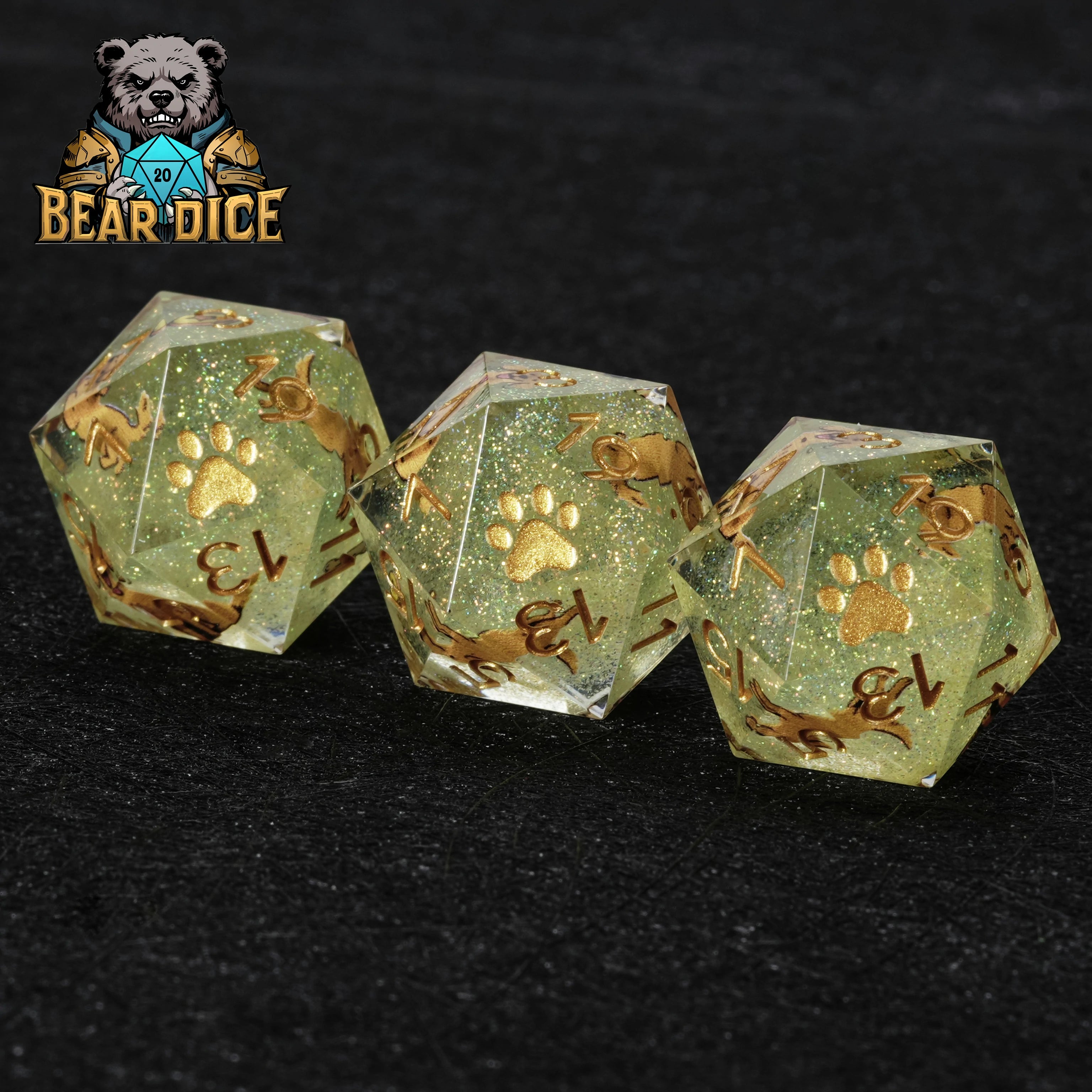 Golden Retriever Green Glitter Resin D&D D20 Dice | Bear Dice