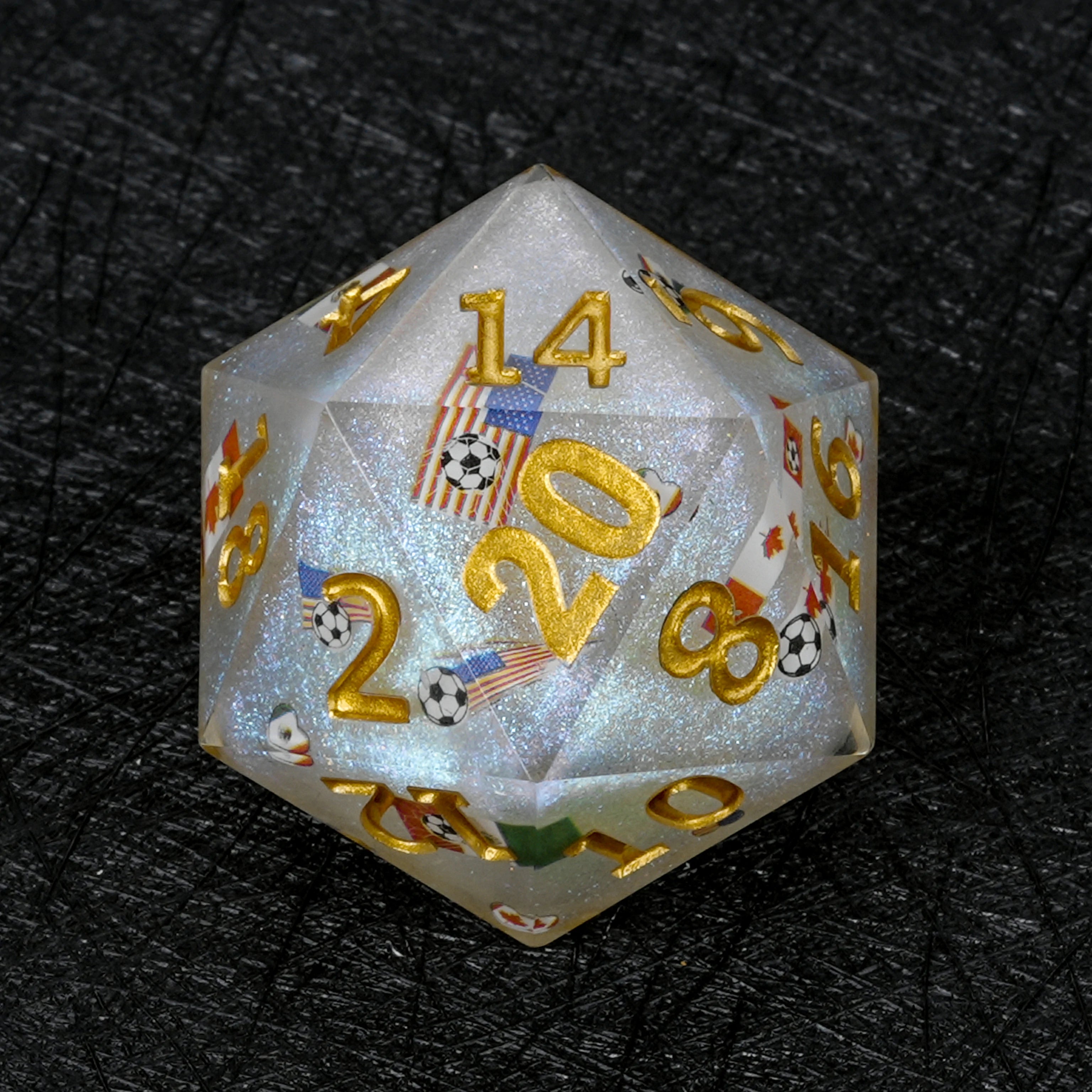 35mm World Cup (USA/Canada/Mexico) Soccer White Glitter Resin D20 Dice