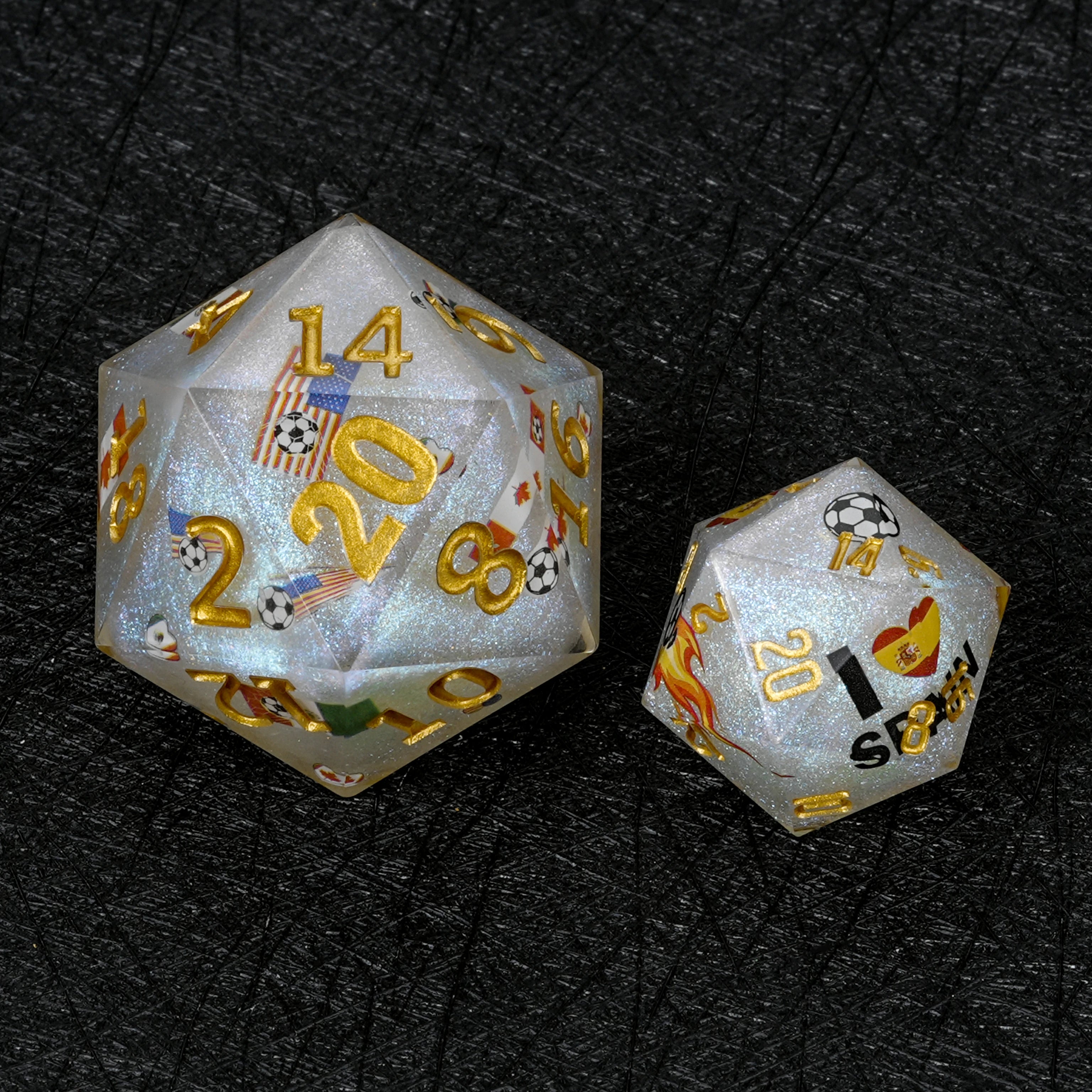 35mm World Cup (USA/Canada/Mexico) Soccer White Glitter Resin D20 Dice