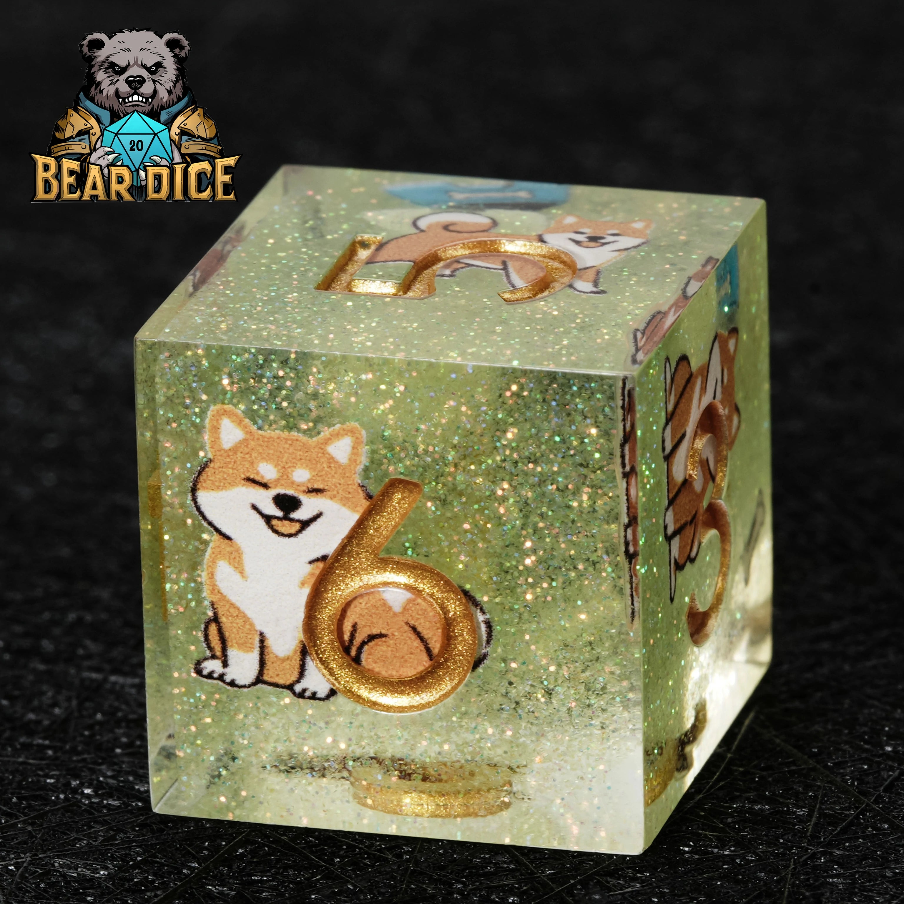 Shiba Inu Green Glitter Resin DND D6 Dice – Sharp Edge RPG Dice for Dog Lovers
