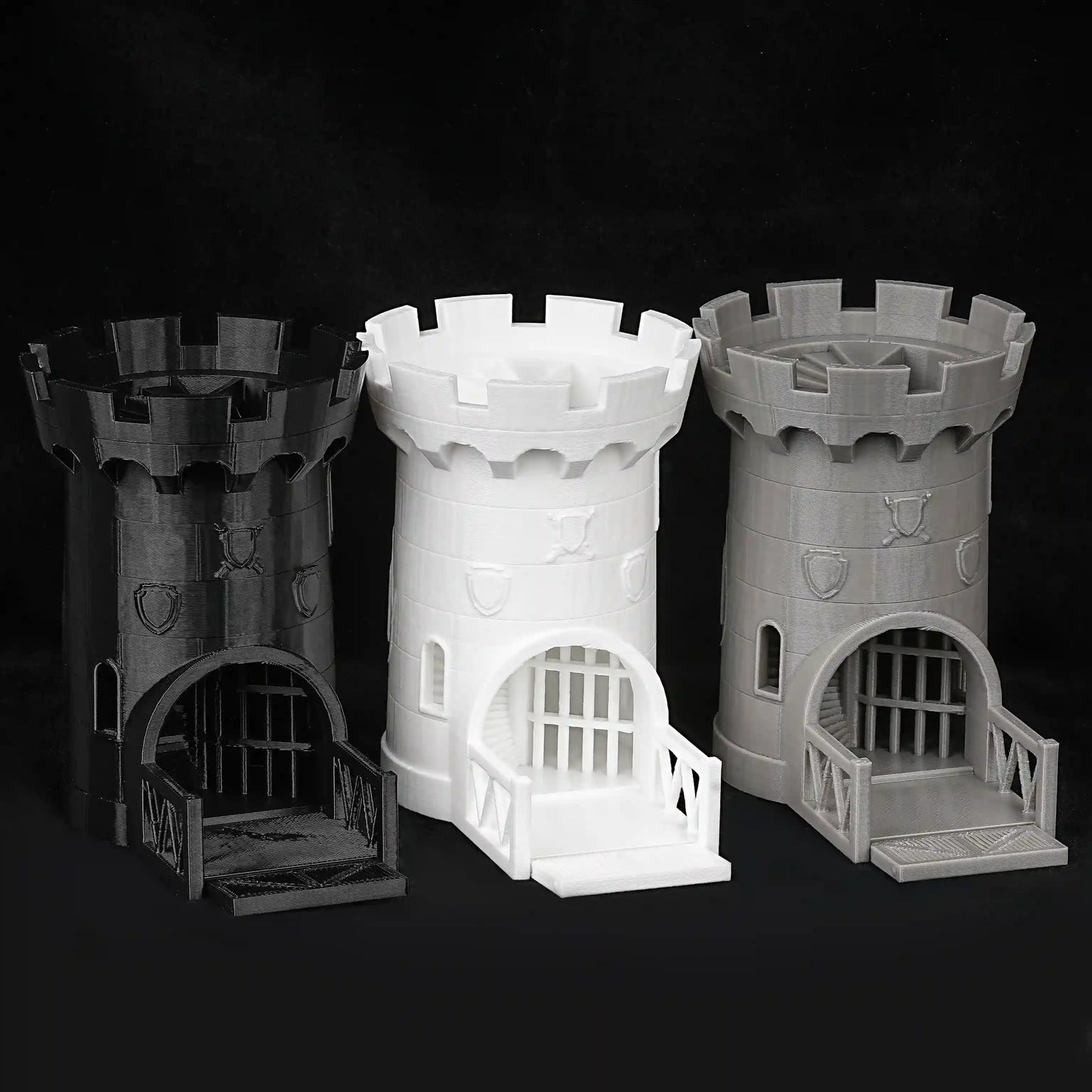 Torre de dados DND impresa en 3D con temática de castillo medieval blanco