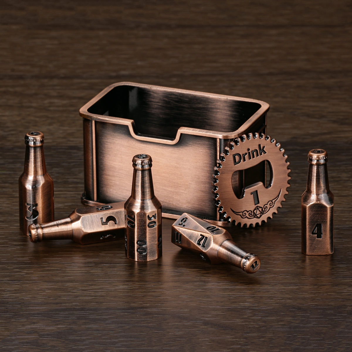 Kickstarter Dice — Unique Metal Beer Bottle Dice Set