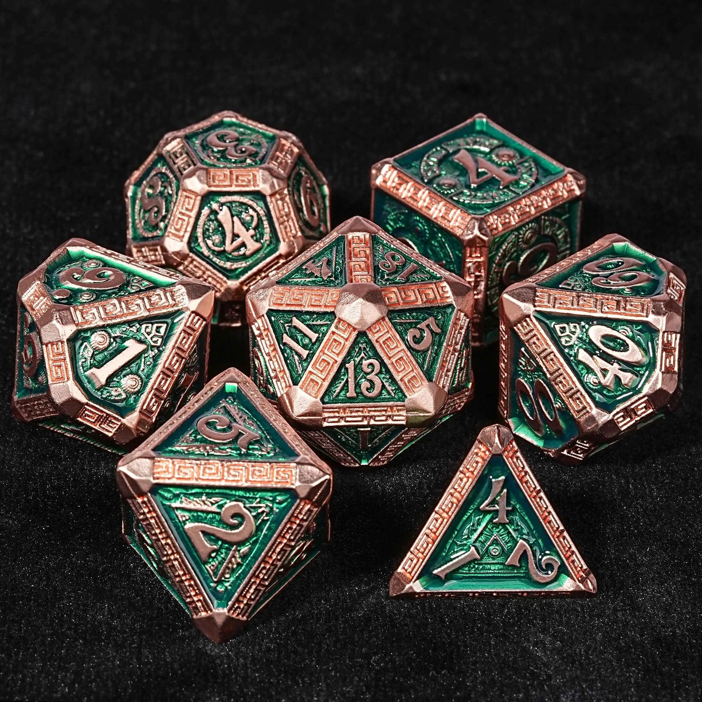 The Exquisite Mayan - themed Dice set with Copper - and - green Design | Bear Dice