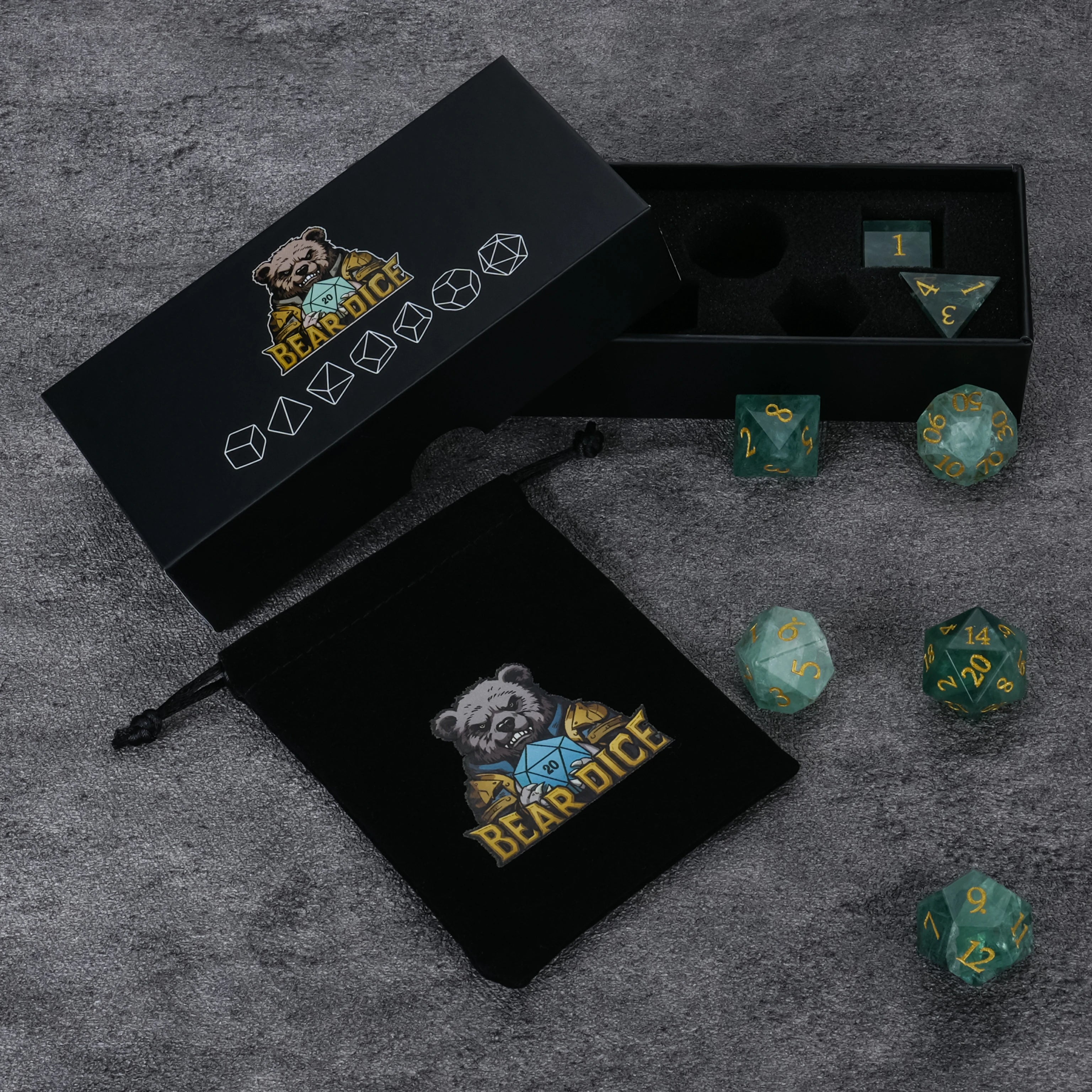 Natural Green Fluorite Multi-Faceted Dice Set