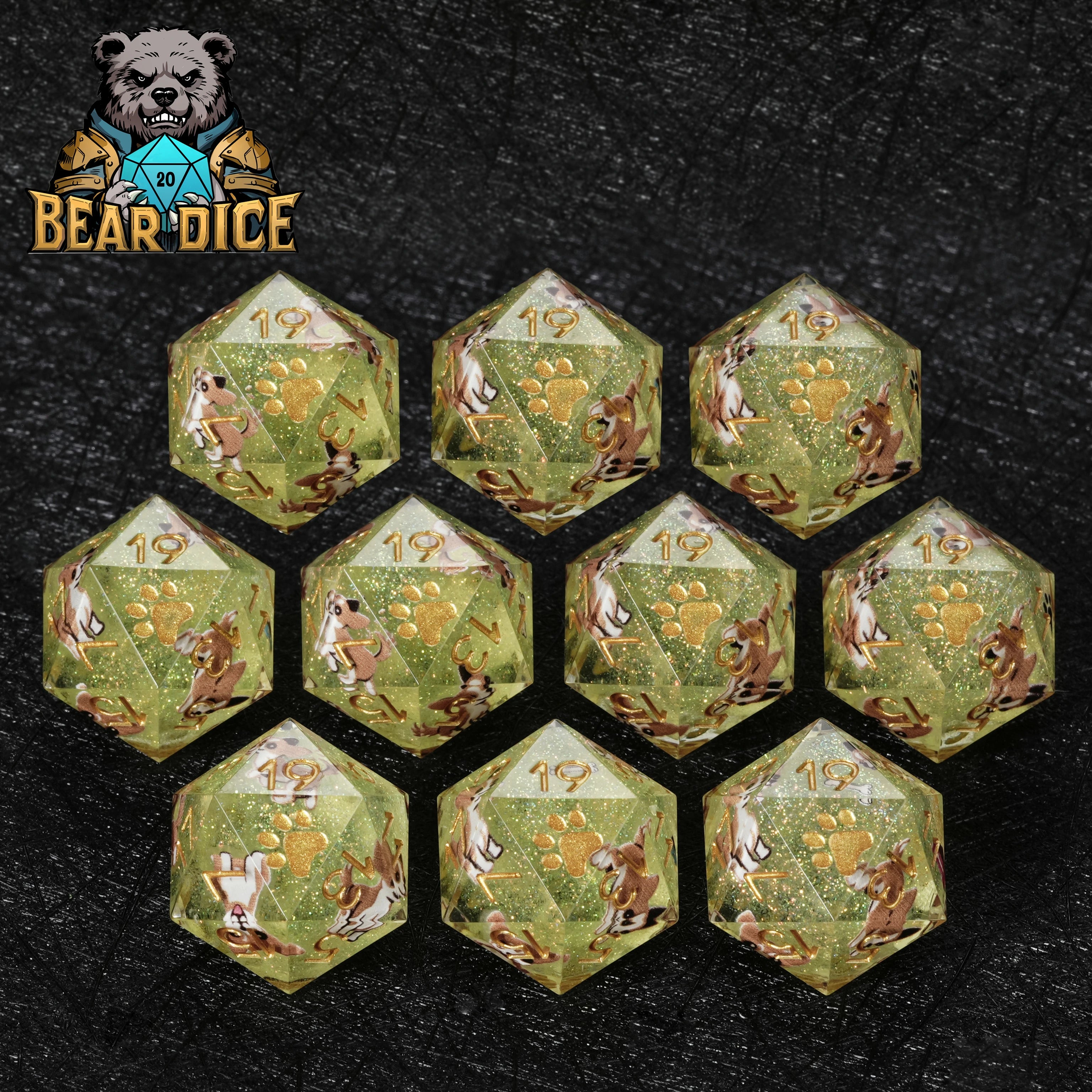 Chihuahua Green Glitter Resin DND D20 Dice