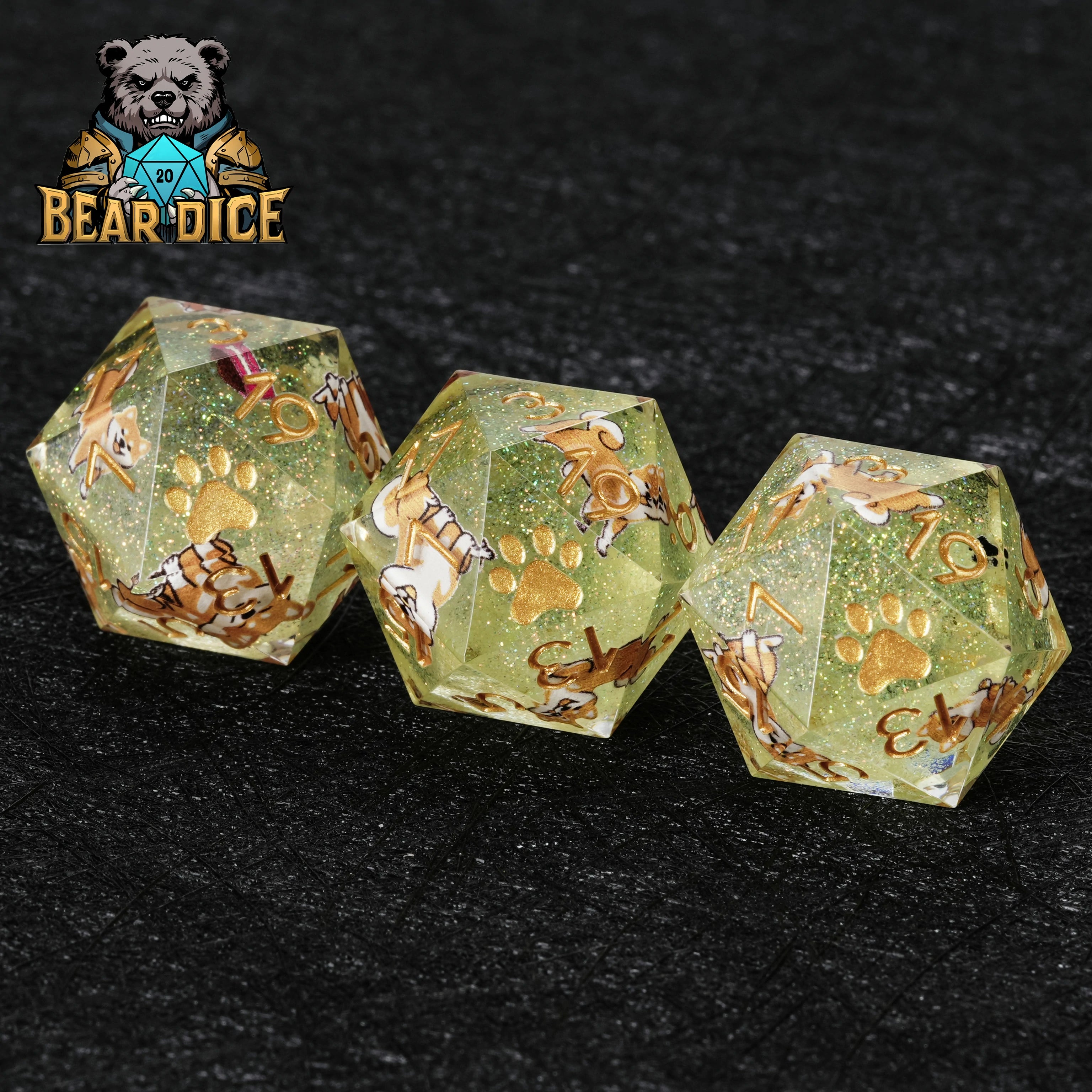 Shiba Inu Green Glitter Resin DND D20 Dice Set – Cute RPG Dice for D&D & Tabletop Games