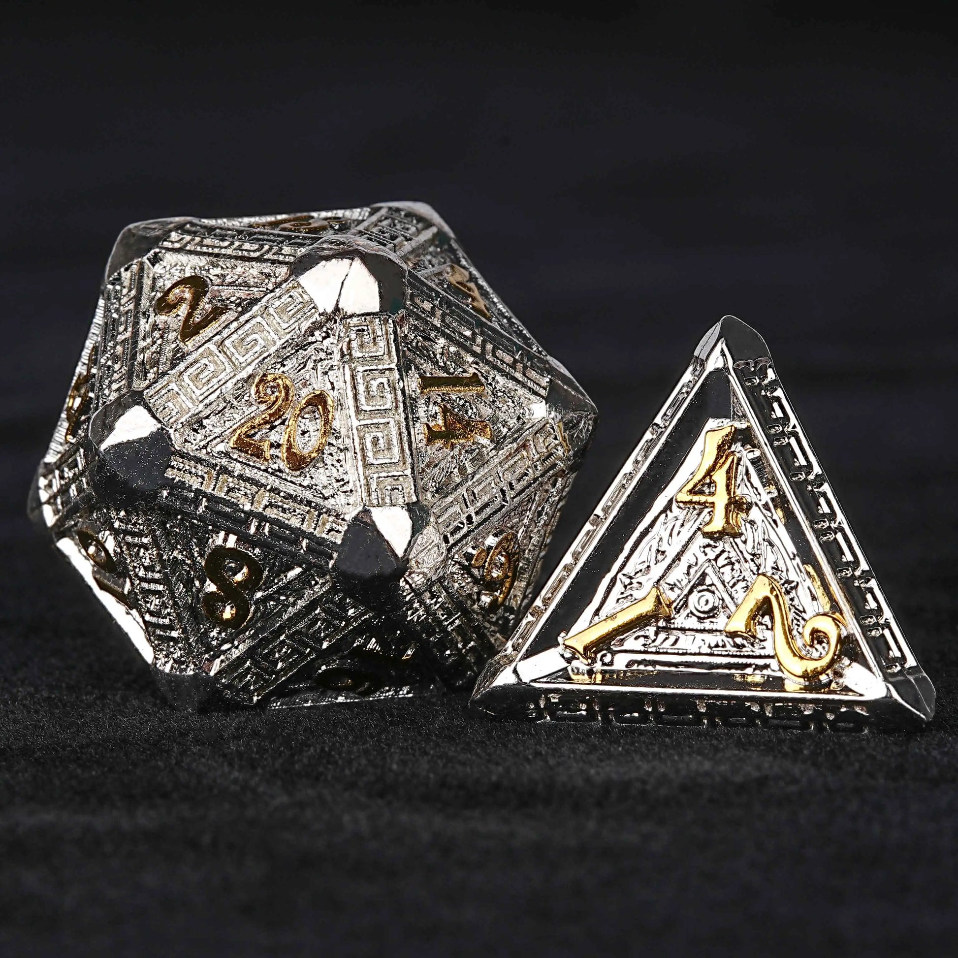 Silver and Gold Greek Style Metal DND d20、d4 Dice | Bear Dice