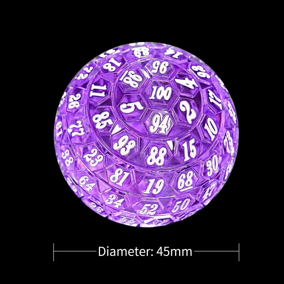 Translucent bright purple acrylic D100 dice, 45mm diameter, perfect for tabletop role-playing games like Dungeon Fighter, Pathfinder, and Call of Cthulhu | Bear Dice